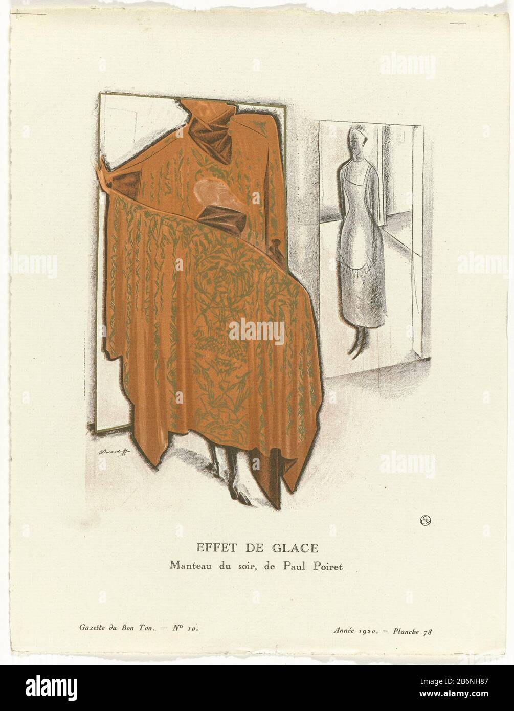 Gazette du bon ton, 1920 - No 10, Pl 78 Effet de glace Manteau du soir, de  Paul Poiret (objet op titel) Femme debout devant un miroir, vu de  l'arrière, vêtue d'une
