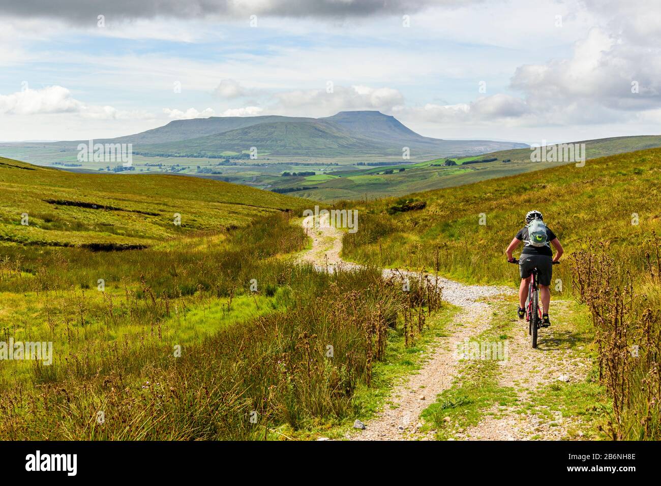 Cycliste descendant vers Newby Head sur la Pennine Bridgleway dans le Yorkshire Dales, avec Ingleborough derrière Banque D'Images Cycliste descendant vers Newby Head sur la Pennine Bridgleway dans le Yorkshire Dales, avec Ingleborough derrière Banque D'Images