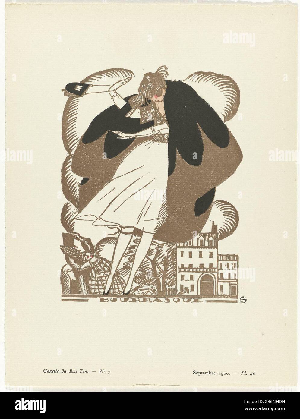 Gazette du bon ton, 1920 - no 7, Pl 48 Bourrasque (objet op titel) femme  debout à la cape brune bordée de fourrure. Sous une robe blanche au genou.  Gants. Vers le