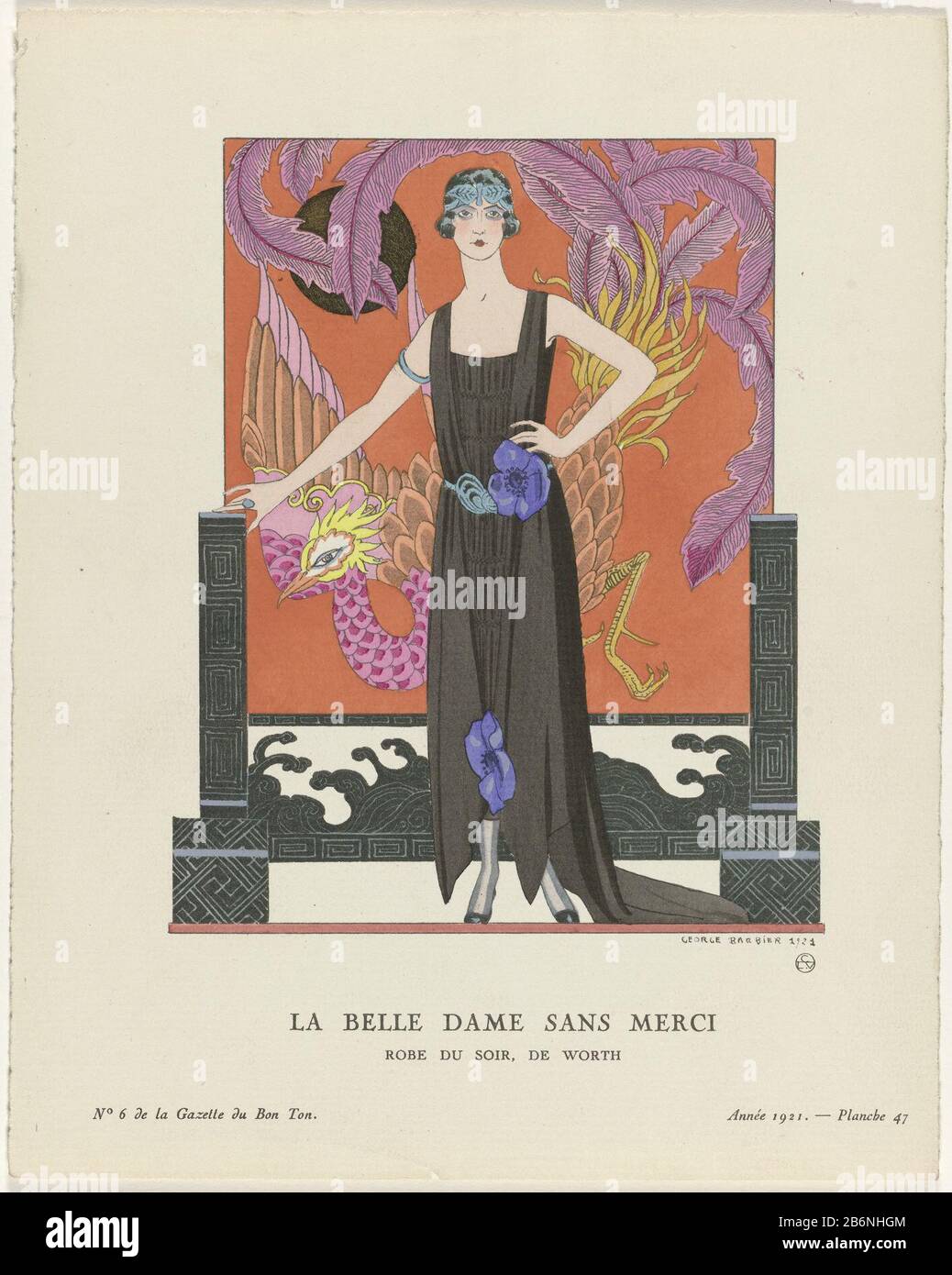 Gazette du bon ton, 1921 - No 6, Pl 47 la belle dame sans merci Robe du  soir, de Worth (objet op titel) femmes pour une décoration murale d'un  phoenix. Elle porte