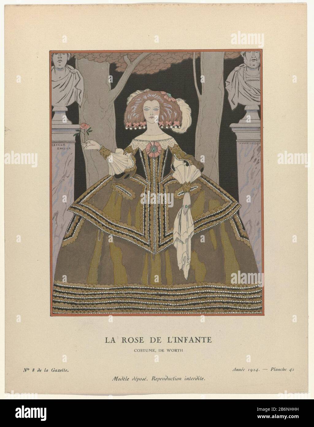 Gazette du bon ton, 1924 - No 8, Pl 42 la rose de l'infante Costume, de  Worth (objet titel op) Jeune femme, basée sur le portrait de l'Infanta  Maria Teresa Velazquez, en