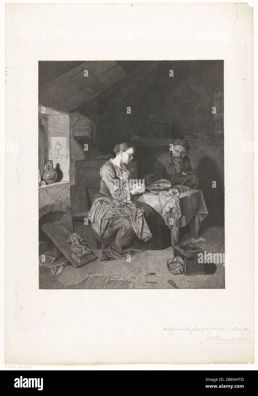 Gebed voor de maaltijd intérieur d'un pauvre foyer paysan. Un vieil homme et une jeune femme assis à la table. Les deux ont leurs yeux fermés et les mains repliées dans la prière. Sur la table se trouve un grand bol de soupe ou de porridge, une chasse de pain et un peu de beurre. La chambre est désordonnée. Sur le sol un banc cassé et un brazier cassé. Sur le seuil de fenêtre, une verseuse et une photo d'une aapje. Fabricant : printmaker: Friedrich Wilhelm Burmeisternaar peinture par Cornelis Pietersz. Bega Dating: 1855 - 1915 et / ou 1869 Caractéristiques physiques: Preuve; engrala matière: Papier technique: Engraa (processus d'impression) mesure Banque D'Images