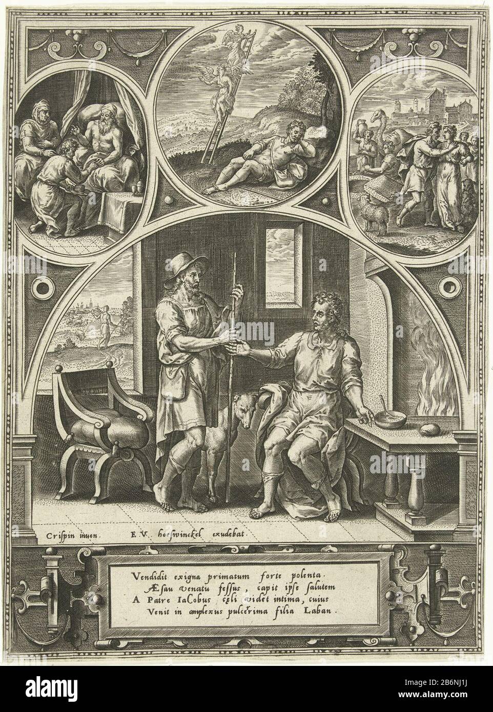 Hungry Esau vend son droit de naissance comme premier-né à Jacob pour un bol de soupe de lentilles. A l'étage, trois médaillons avec des images d'événements liés à la vie de Jacob. Tromperie Jacob a quitté son père Isaac, qui lui proclame l'héritier inconscient. Au milieu du rêve de Jacob. Juste la première rencontre entre Jacob et Rachel au puits. L'impression comporte une légende latine dans une cartouche. L'impression fait partie d'une série de scènes de la Genèse de la Bible. Fabricant : printmaker: Adriaen Collaertnaar design: Crispin van den Broeck (bâtiment classé) éditeur: Eduwart Hoes Winckel (propriété cotée) Lieu de fabrication: Banque D'Images