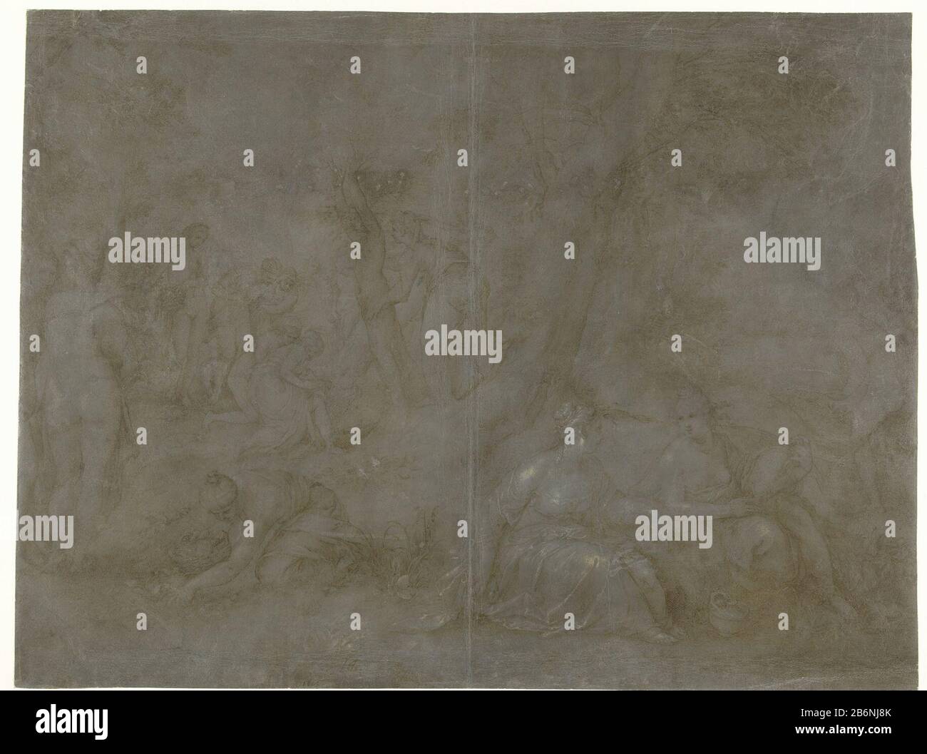 Geboorte van Adonis Au premier plan trois disciples de Juno, Où: Une feuille recueillie dans un panier. Au loin, en arrière-plan, Myrrha, la nymphe qui s'est transformée en arbre, comme Adonis, assistée par Juno Lucino. Une fontaine-nymphe reçoit Adonis, regardant à d'autres nymphes. (Ovid, Metamorphoses X, 503-514) . Fabricant : dessinateur: Hendrick Goltzius Date: 1605 Caractéristiques physiques: Stylo en marron, peinture blanche, sur papier gris préparé matériau: Encre de revêtement de papier préparée technique: Stylo Dimensions: H 456 mm × W 606 mmToelichtingde dessin appartenaient à ce grand bravura dessins Goltzius Banque D'Images