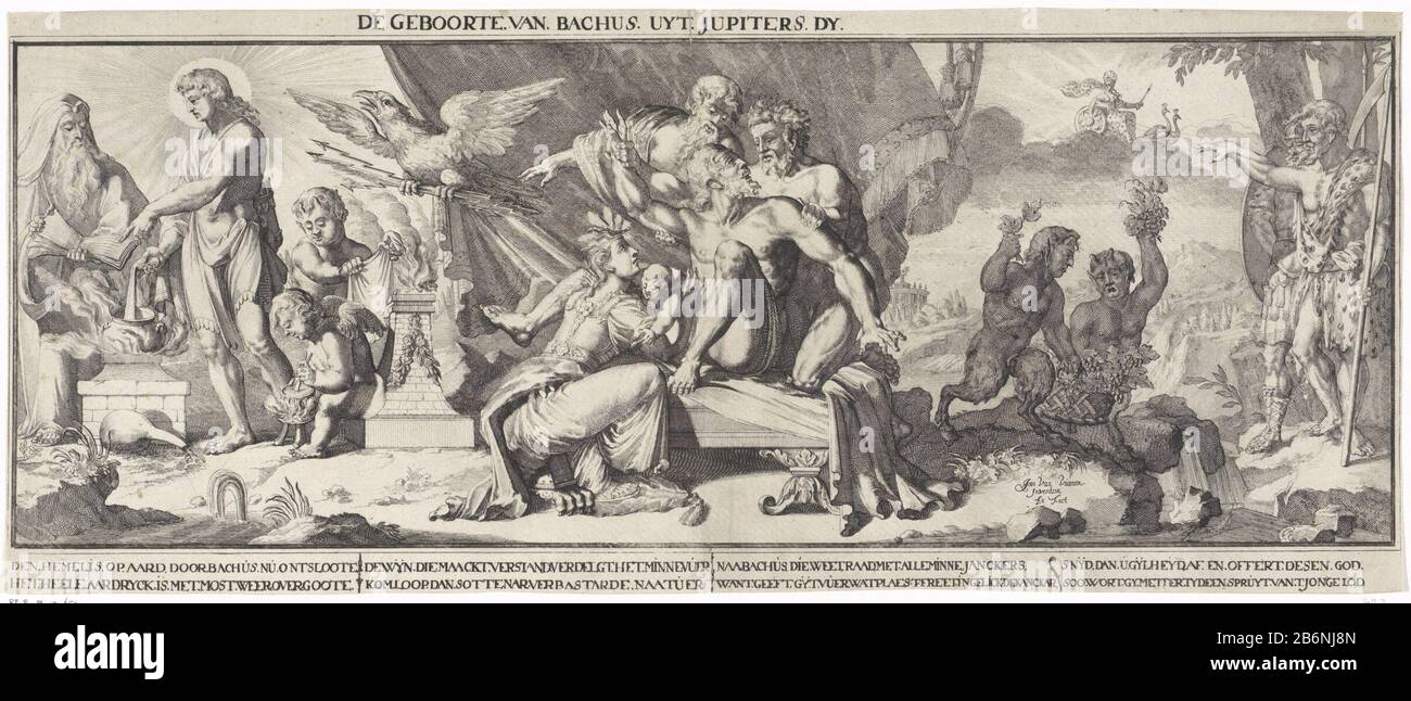 Geboorte van Bacchus de geboorte van Bacchus uyt Jupiters dy (objet op titel) Bacchus est né de la cuisse de Jupiter. Liens Apollo. Droite deux satyres avec un panier druiventrrossen. Fabricant : printmaker Jan van Vianen (propriété listée) conçu par Jan van Vianen (propriété listée) Lieu de fabrication: Nord des Pays-Bas Date: 1693 Caractéristiques physiques: Gravure et engrafage matériel: Technique du papier: Gravure / engrafé (impression) mesures: Feuille: H 212 mm × W 506 mmTeliechtingDeze avec RP-OB-P-15658 d'une plaque gedrukt. Banque D'Images
