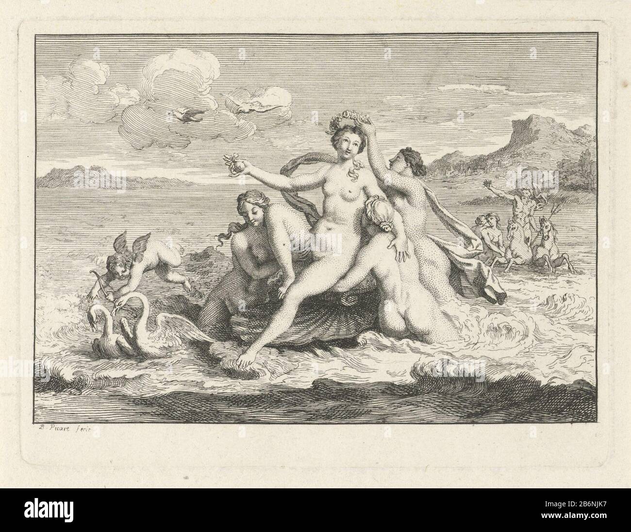 Geboorte van Vénus Vénus Vénus flotte sur une coquille tirée par des cygnes, une pomme en main. Amor vole avec eux. Les Nymphes d'eau la couronne avec une guirlande. En arrière-plan Neptune sur son wagen. Fabricant : print maker: Bernard Picart (indiqué sur l'objet) à dessin de: C. G. ClingstetPlaats fabrication: Paris Date: 1700 Caractéristiques physiques: Gravure, et engrala; matériau d'épreuvage: Technique du papier: Gravure / engraa (procédé d'impression) mesures: Bord de la plaque: H 110 mm × W 146 mm Vénus Sujet: Naissance de Vénus; Anadyomene: Après la castration d'Uranus, Vénus s'élève de la mer qui essort l'eau Banque D'Images