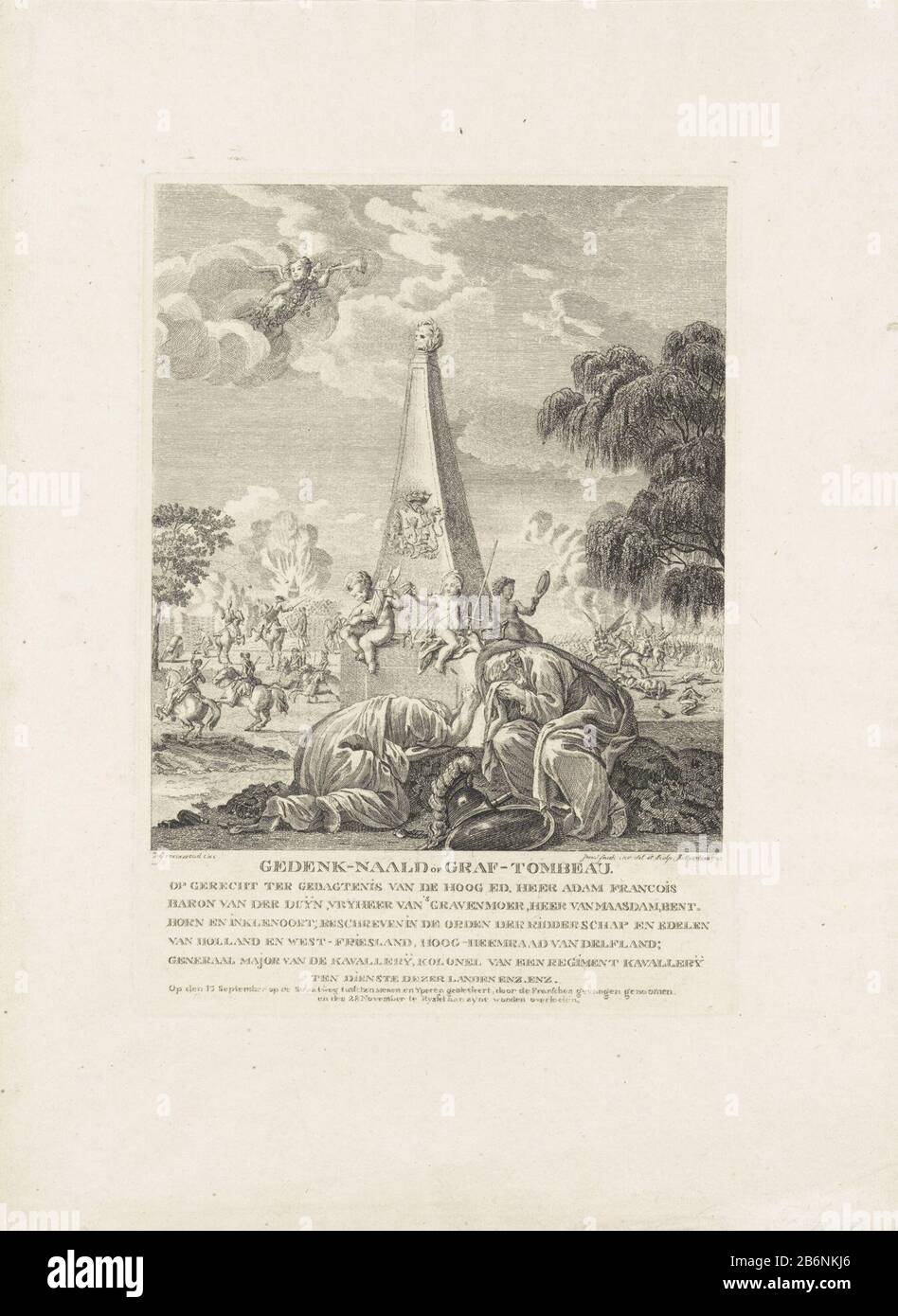 Gedenknaald voor AF Baron van der Duyn, 1793 Gedenk-Naald de Graf-Tombeau Op gerecht ter gedgenis van () Adam François Baron van der Duijn () (objet op de titre) monument Allégorique du Général Adam François van der Duyn blessé Straatweg entre Ypres et Menin, Capturé par les Français et 28 novembre décédé de ses blessures à Lille (Lille). Pour une aiguille grave deux figures tordues de deuil, la Constitution et Le Patriotisme. FAME aérienne avec une trompette. En arrière-plan plusieurs batailles. Lorsque l'image inclut un uitleg. Fabricant : printmaker: Jeremias Snoek (bâtiment classé) dans ses des Banque D'Images