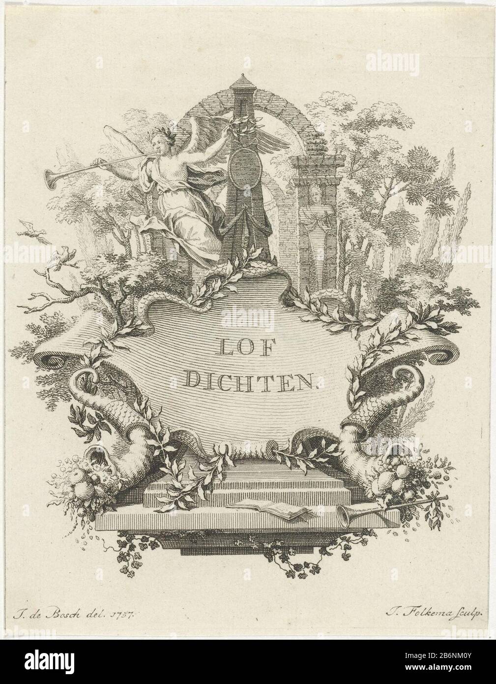 Gedenkzeuil met cartouche Lof Dichten (objet titel op) une cartouche est décorée de feuilles à la base d'une colonne commémorative. Dans la cartouche, le titre, la gauche et la droite de celui-ci sont indiqués avec des cornes remplies de fruits. En haut de la colonne du mémorial vole un ange soufflant de corne avec un lauwerkrans. Fabricant : Print Maker: Jacob Folkema (indiqué sur l'objet) à dessin de: Johannes de Bosch (indiqué sur l'objet) Lieu de fabrication: Pays-Bas Date: 1757 Caractéristiques physiques: Matière de gravure: Technologie du papier : dimensions de gravure: Bord de la plaque: H 154 mm × W 120 mm Objet: Autre moi Banque D'Images