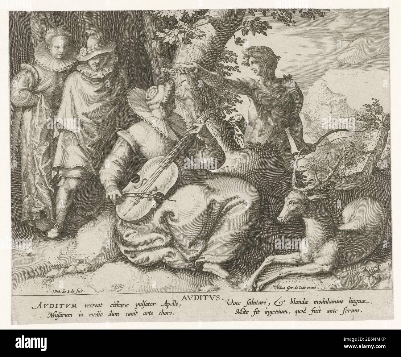 Gehoor Avditvs (objet titel op) de vijf zintuigen (servietitel) Paysage avec la personnification féminine de l'audience, qui joue le violon. Elle est accompagnée d'un cerf et couronnée par Apollo. L'arrière gauche est un couple regardant. Dans la marge, dans deux colonnes, une légende en latin. Imprimez une série de cinq avec cinq zintuiigen. Fabricant : printmaker Pieter de Jode (I) (bâtiment classé) auteur: Cornelis Kiliaanuitgever: Gerard de Jode (propriété cotée) Lieu de fabrication: Anvers Date: 1590 - 1632 Caractéristiques physiques: Matériel automobile : papier technique: Engrala (impression) Dimensions: Feuille: H 1 Banque D'Images