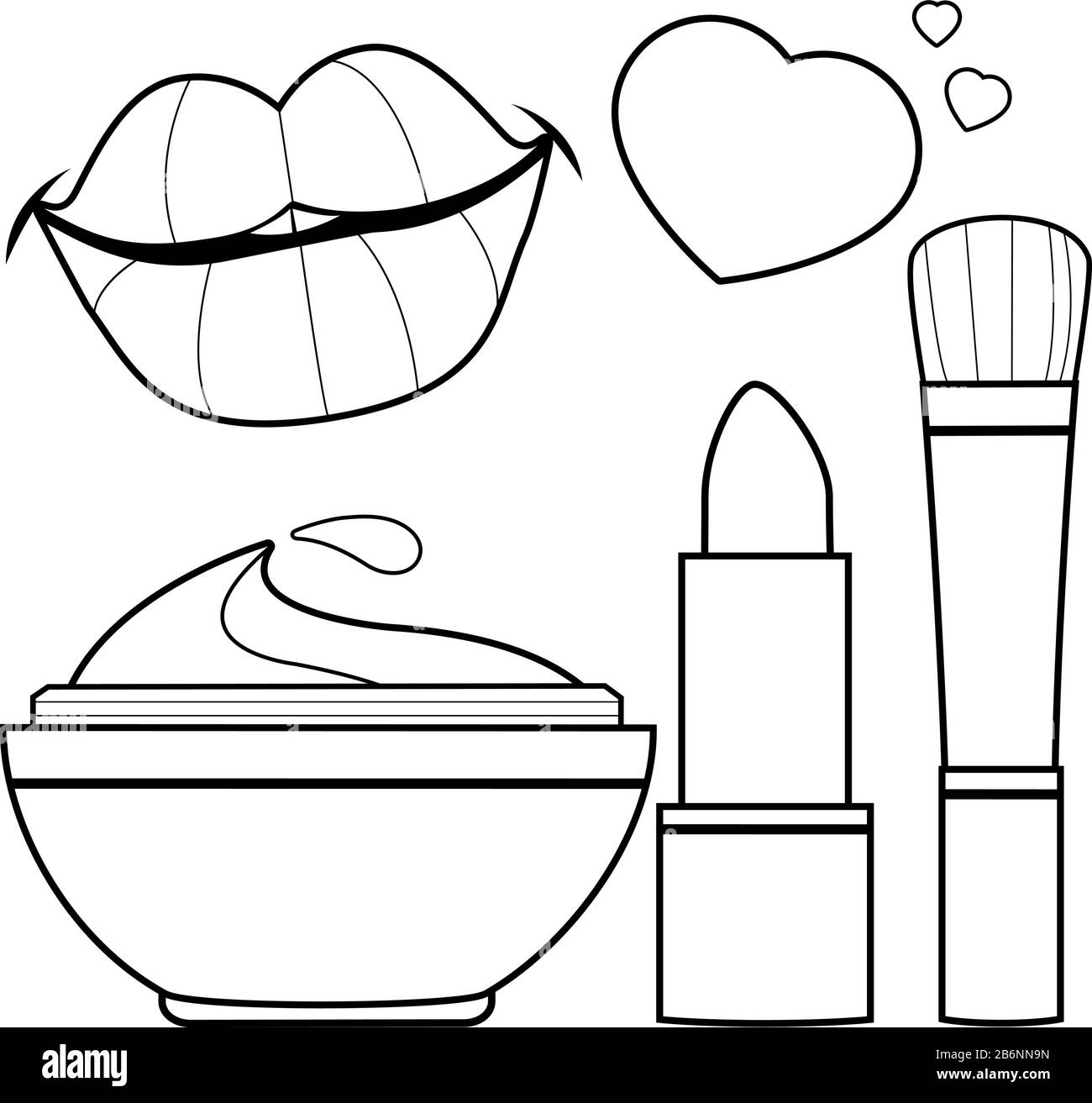 Maquillage de beauté et ensemble de produits cosmétiques. Un rouge à lèvres, un pinceau à blush et un récipient de crème hydratante. Page de coloriage noir et blanc vectoriel Illustration de Vecteur