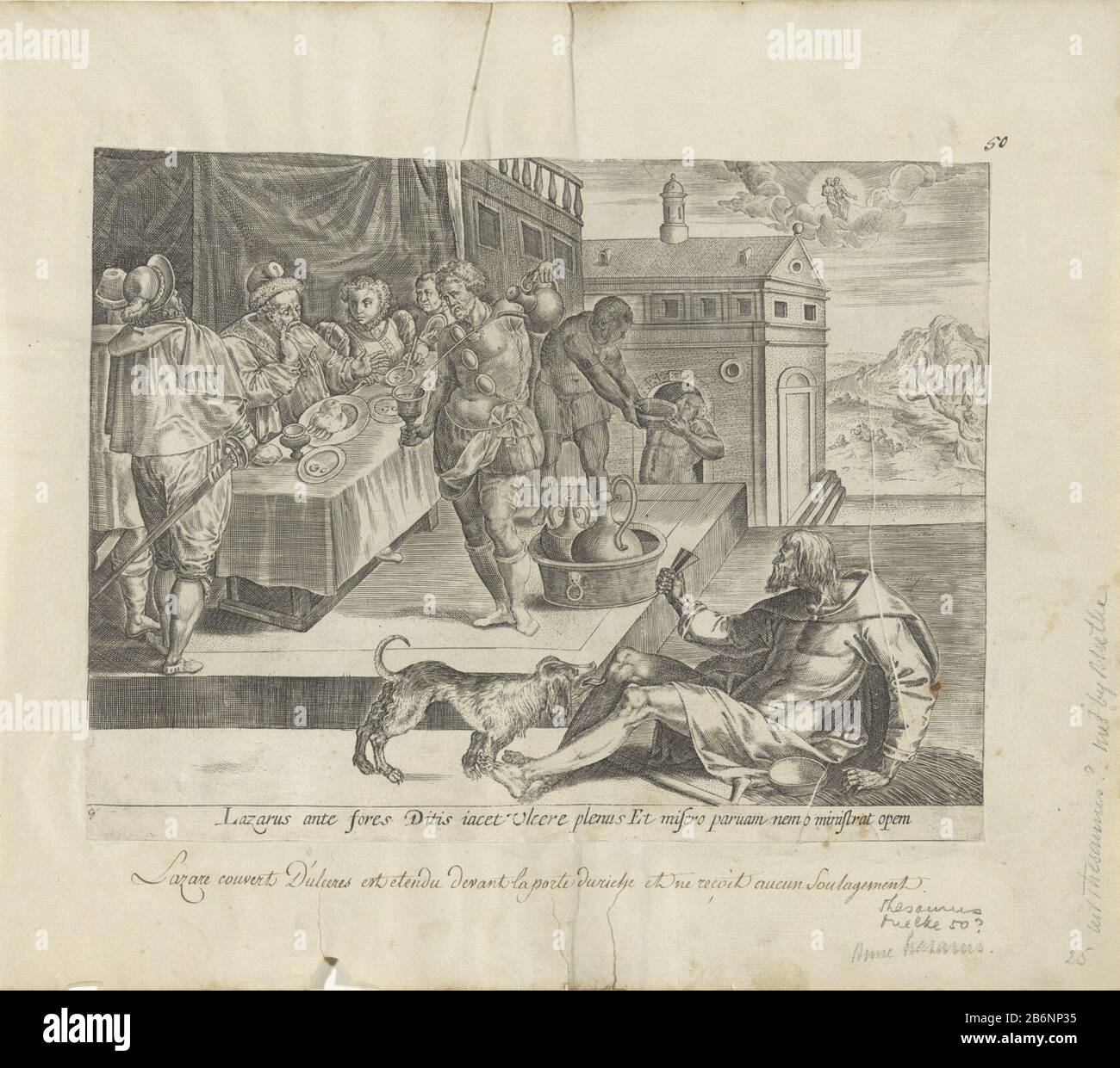 Gelijkenis van de rijke man en de arme Lazarus Gelijkenissen uit het Nieuwe Testament (serietitel) Thesaurus sacrarum historiarum vetyis testamenti () (servietitel) UN riche homme assis avec sa famille et ses invités de dîner. Juste à l'extérieur de la maison mendiant le mendiant Lazarus, qui: NS les blessures sont lichées par un chien. En arrière-plan est représenté la suite de l'histoire. Quand l'homme riche et Lazarus sont morts, Lazarus est au ciel dans le tour d'Abraham. L'homme riche est dans les flammes de l'enfer. Parmi les performances, une référence en latin au Bijbeltekst. Fabricant : à un dessin de: Ambrosius Francken (I Banque D'Images