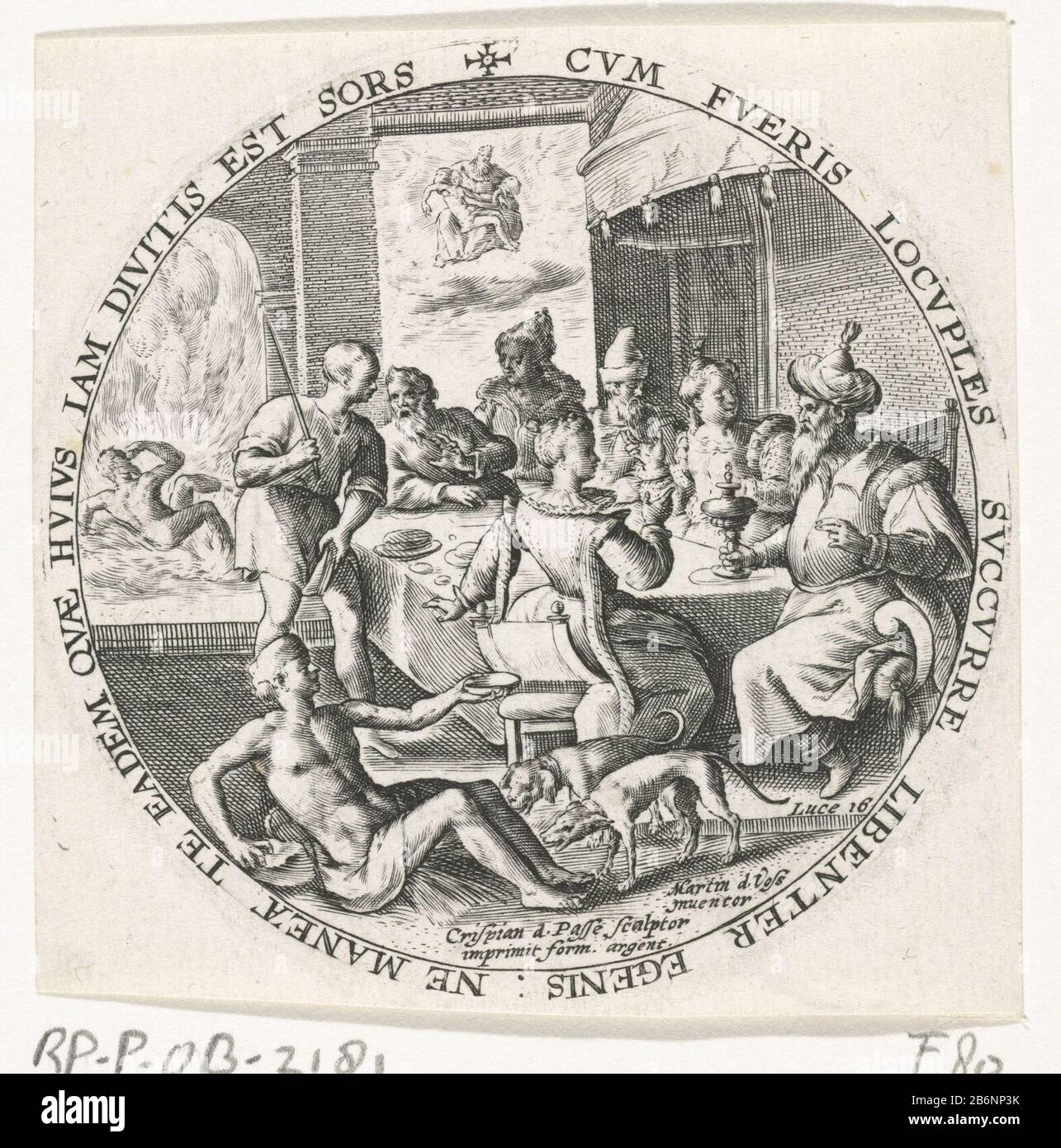 Gelijkenis van de rijke man en de arme Lazarus Gelijkenissen van Christus (serietitel) Parabolarum Evagelaru Typi (serietitel) le riche est assis à une table où une fête est en cours. Au premier plan Lazarus mendiant alors que deux chiens léchent ses blessures. En arrière-plan est l'âme de Lazarus portée au ciel et vient de l'âme de l'homme riche en purgatoire (Lk. 16). La représentation est contenue dans un cadre photo avec une inscription de bord rond en latin. Imprimez une série de paraboles Christus. Fabricant : printmaker: Crispijn de Passe (I) (bâtiment classé), conçu par: Marten de vos (liste Banque D'Images