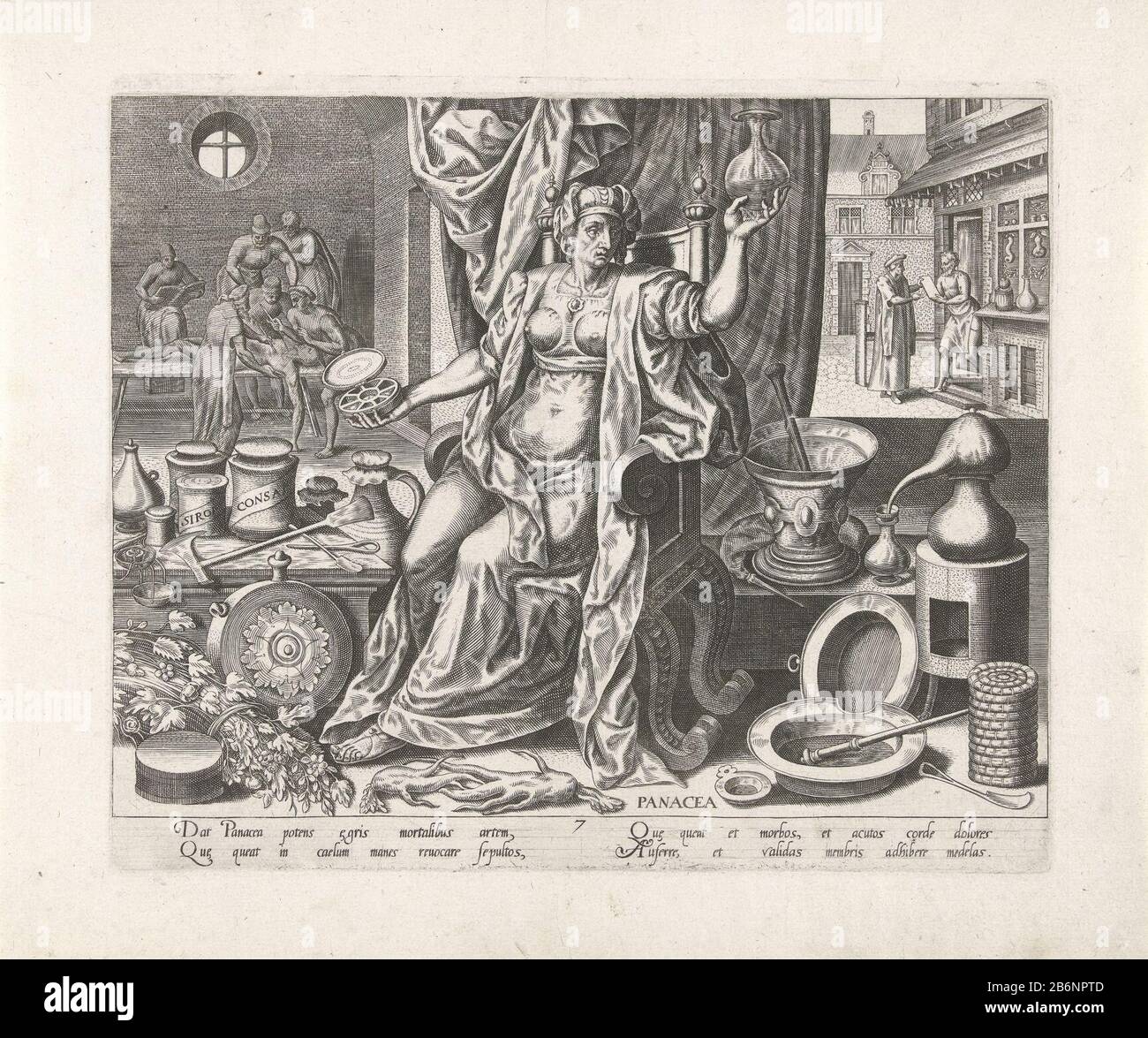 Geneeskunde Panacea (objet op de titre) Menselijke bedrijvigheden (servietitel) la déesse romaine des médicaments De Panacea comme personnification de la médecine: Assis figure féminine avec une boîte ronde ouverte dans l'urinal de droite dans la main gauche. En plus de son mortier, un retort, des bocaux à crème et d'autres attributs. Allongé sur les racines de l'alun du sol et d'autres herbes médicinales. Arrière gauche une leçon d'anatomie. Dans le bon contexte est un homme avec un papier (recette?) UNE maison. L'imprimé a une légende latine et fait partie d'une série de reproductions de bedrijvigheden humain. Fabricant : printmaker: Philips Gall à concevoir: FRA Banque D'Images