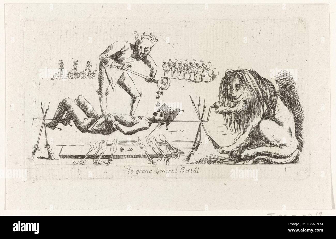 Generaal Bertay aan het spit le Grand général Bertal (objet op) Brabantse Omwenteling, 1787-1790 (servietitel) Dessin sur le général Bertay rôti sur une broche par le lion du Brabant. Le diable baste le général avec des blades. Partie d'un grand groupe de photos liées aux événements de la Révolution du Brabant et de la période 1787-1790. Fabricant : printmaker: Fabrication anonyme: Pays du Sud Date: 1787 - 1790 Caractéristiques physiques: Matériau de gravure: Technique du papier: Gravure Dimensions: Bord de la plaque: H 89 mm b × 158 mm Objet: Spit  cuisine - CC - dans l'air Brabantse rotation wh Banque D'Images