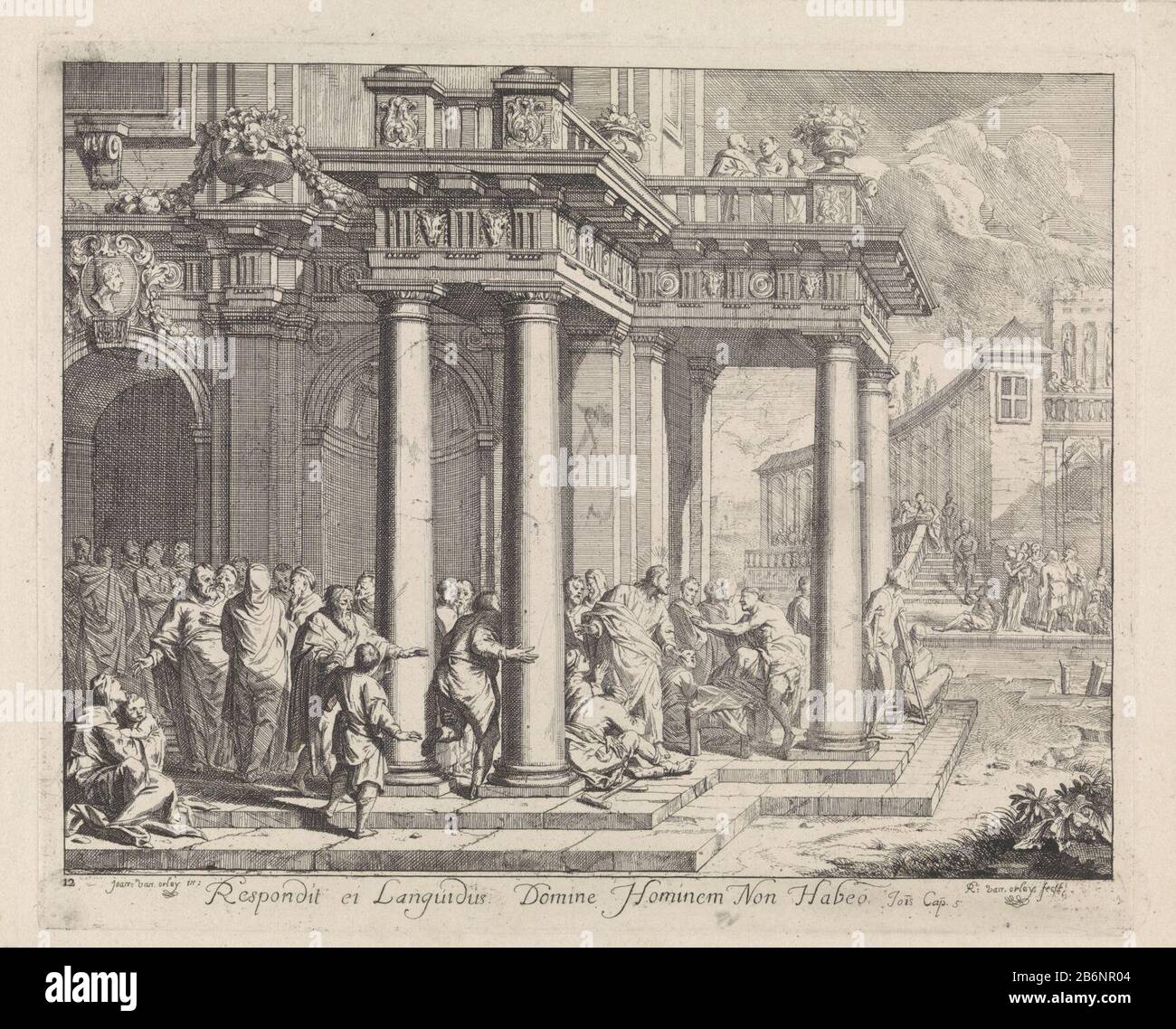 Christ guérit un homme paralysé qui est malade depuis 35 ans. L'homme est dans la colonnade du bain de Bethesda sur le sol. Christ est devant lui. À l'entrée de la salle de bain attendant beaucoup de gens sont autorisés à entrer. Sous l'image un verset latin de John. 5. Fabricant : printmaker: Richard van Orley (II) (propriété cotée) conçu par Jan van Orley (propriété cotée) Lieu de fabrication: Bruxelles Date: CA. 1685 - Caractéristiques 1700 physique : gravure et engrachage matériau : technique du papier : gravure / engratingPre (impression) mesures : bord de la plaque : H 208 mm × W 258 mmToelichtingPre Banque D'Images