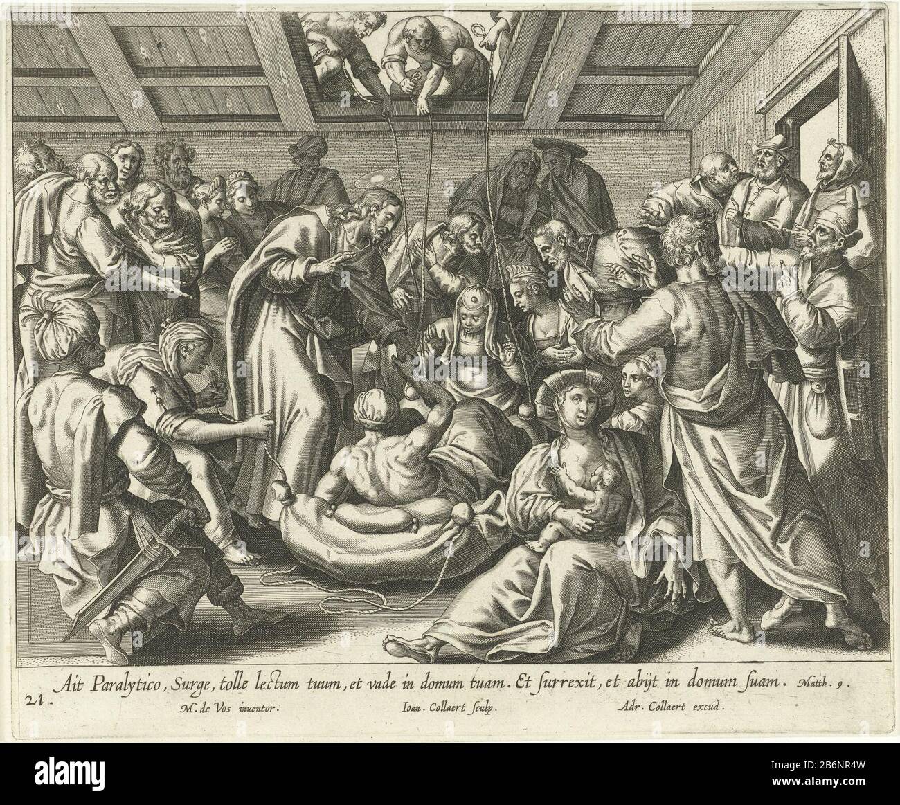 Genezing van een verlamde Vita, passio et Resvrrectio Iesv Christi (serietitel) Leven, passie en wederopopermanente van Christus (serietitel) L'intérieur d'une maison pleine de personnes. Certains hommes ont un lit avec un ami paralytique à travers le toit d'une maison en bas avec des sacs au Christ. Christ touche l'homme et le guérit de sa lamentable (Matthieu 9 : 1-8). L'impression comporte une légende latine. L'imprimé fait partie d'une série sur la vie de Christus. Fabricant : printmaker Jan Collaert (II) (bâtiment classé), conçu par: Marten de vos (bâtiment classé) éditeur: Adriaen Collaert (propriété cotée) Place Manuctou Banque D'Images