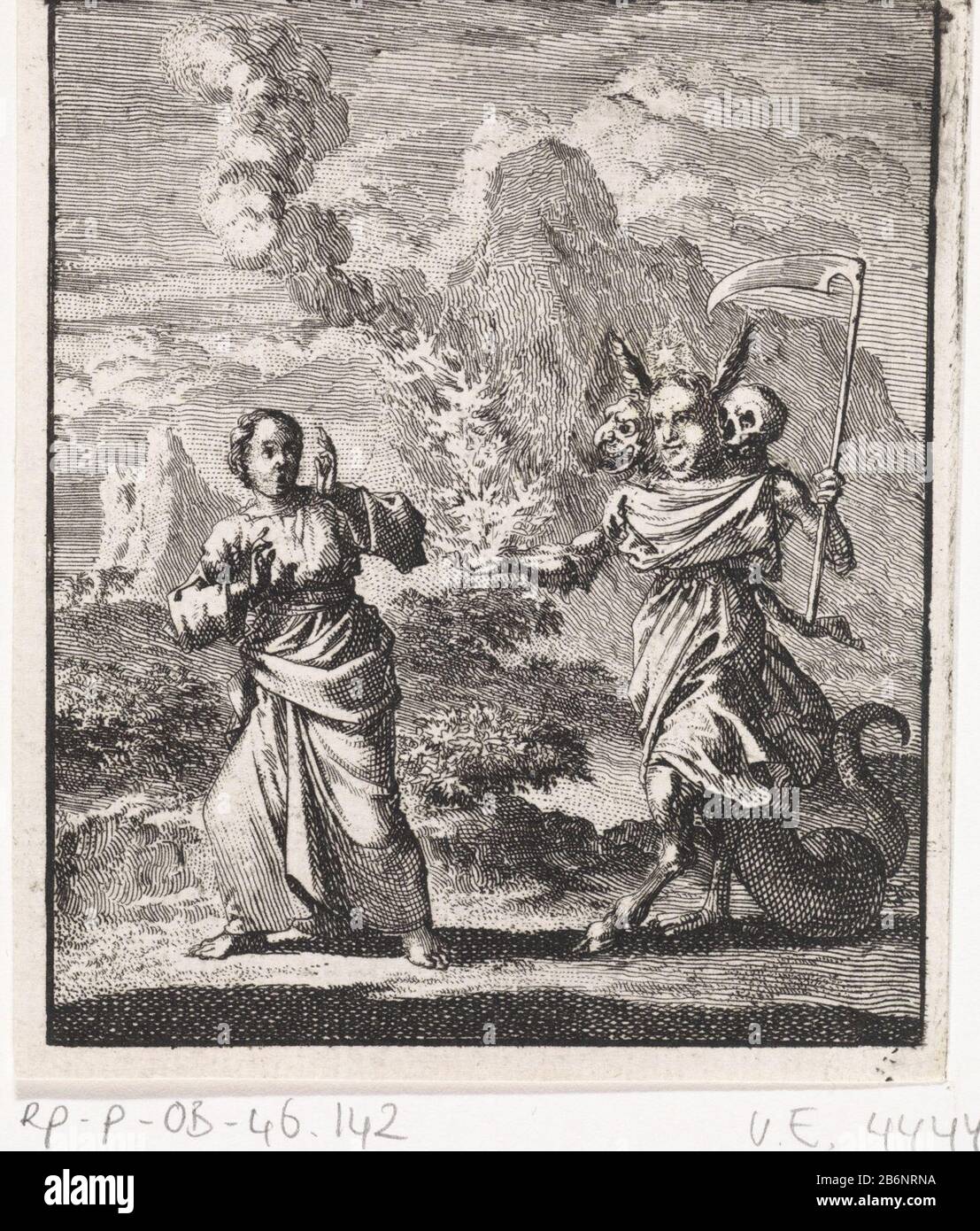Gepersonnifieerde ziel ontmoet de Zonde de Ziel ontmoet de Zonde L'âme personnifiée rencontre Le Péché personnification avec une scythe dans sa main un feu brûlant pour son ophoudt. Fabricant : printmaker Jan Luyken lieu de fabrication: Amsterdam Date: 1714 Caractéristiques physiques: Gravure; matériau d'épreuvage: Technique du papier: Dimensions de gravure: Haut: 92 mm × H 78 b mmToelichtingProefdruk de l'illustration de: Luyken, Jan Jesus et l'âme, 3 pièces. Amsterdam: Wed. Pieter Cornelis Arentsz II et van der sys, 1714, vol. I, p. 23. Sujet Le Vice Âme, Mal, Péché; 'Peccato'(Ripa) Banque D'Images