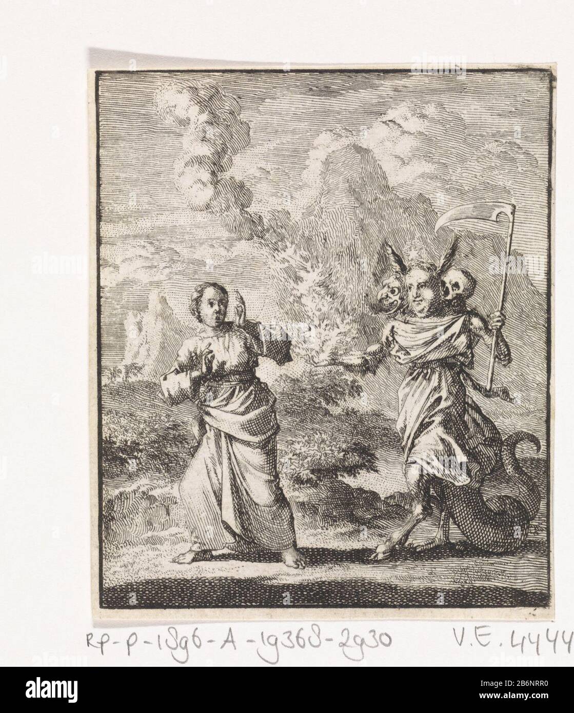 Gepersonnifieerde ziel ontmoet de Zonde de Ziel ontmoet de Zonde L'âme personnifiée rencontre la personnification Du Péché avec une scythe dans sa main un feu brûlant pour son ophoudt. Fabricant : printmaker Jan Luyken lieu de fabrication: Amsterdam Date: 1714 Caractéristiques physiques: Gravure; matériau d'épreuvage: Technique du papier: Gravure Dimensions: Feuille: H 90 mm × W 76 mmToplichtingProefdruk illustration de: Luyken, Jan Jesus et l'âme, 3 pièces. Amsterdam: Wed. Pieter Cornelis Arentsz II et van der sys, 1714, vol. I, p. 23. Sujet Le Vice Âme, Mal, Péché; 'Peccato'(Ripa) Banque D'Images