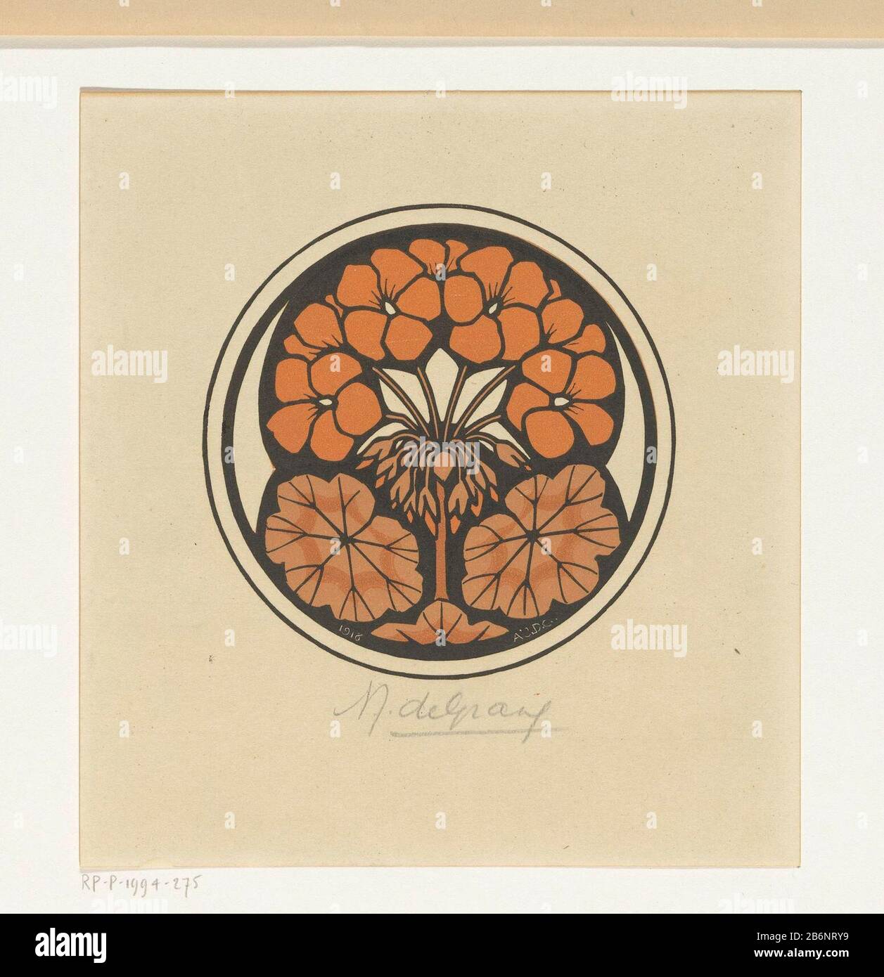 Géranium géranium en orange, en cercle avec double rand. Fabricant : Print maker: Julie le lieu de fabrication similaire: Les Pays-Bas Date: 1916 Caractéristiques physiques: Bloc de bois en noir et orange: Technique du papier: Dimensions du bloc de bois: Image: H 95 mm × b 95 mm Banque D'Images