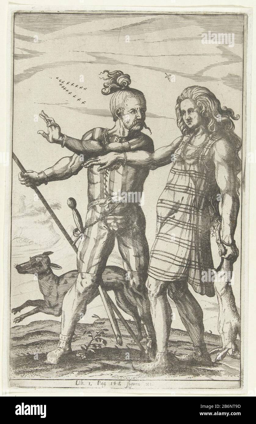 Germaanse man en vrouw op jacht, figura XI ajouté: Germanique homme et femme sur yacht. Originaire de : Philip Cluverius, Germaniae antiquae libri tres, Lowijs (I) Elzevier, Leiden, 1616. Lib. I, Pag. 148, figura XI Fabricant : Print Maker: Nicolaes of Geelkercken (attribué à) Date: 1614 - 1616 Caractéristiques physiques: Matériel de gravure: Technique du papier: Dimensions de gravure: H 262 mm × W 163 mmToeliechtvoor Cluverius Germ. Ant. Pas Frederik Muller; ajouté par le numéro RPK. Objet: Éteint, peuples "historiques" (avec NOM) période romaine aux Pays-Bas Banque D'Images