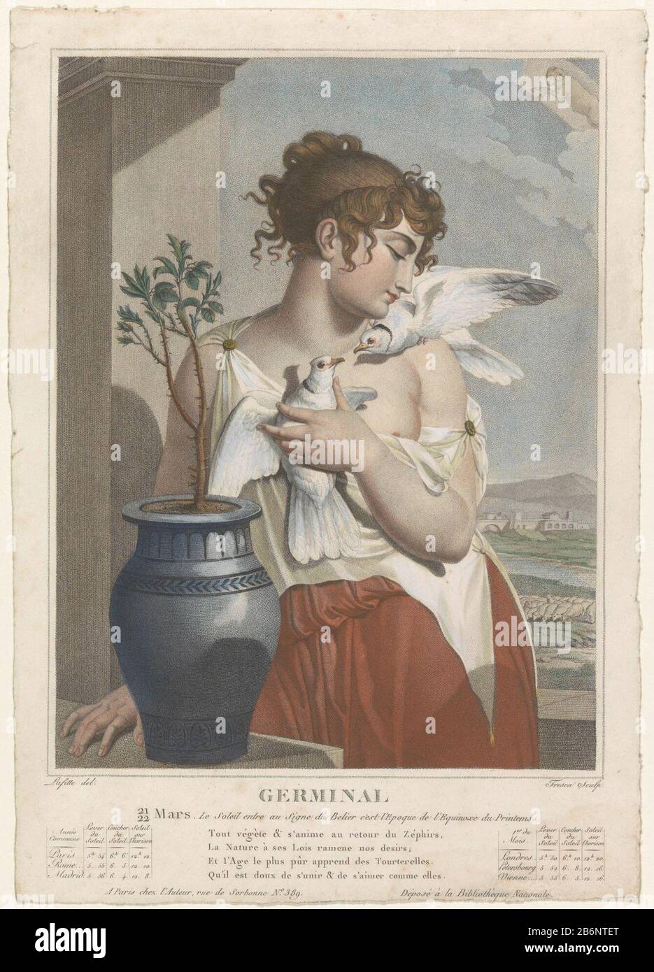 Personnification de Germinal, ou le mois de Kien (Ram, 21 mars - 19 avril)  comme femme avec deux colombes blanches dans un buisson de rose dans un  pot. Avec des foies de