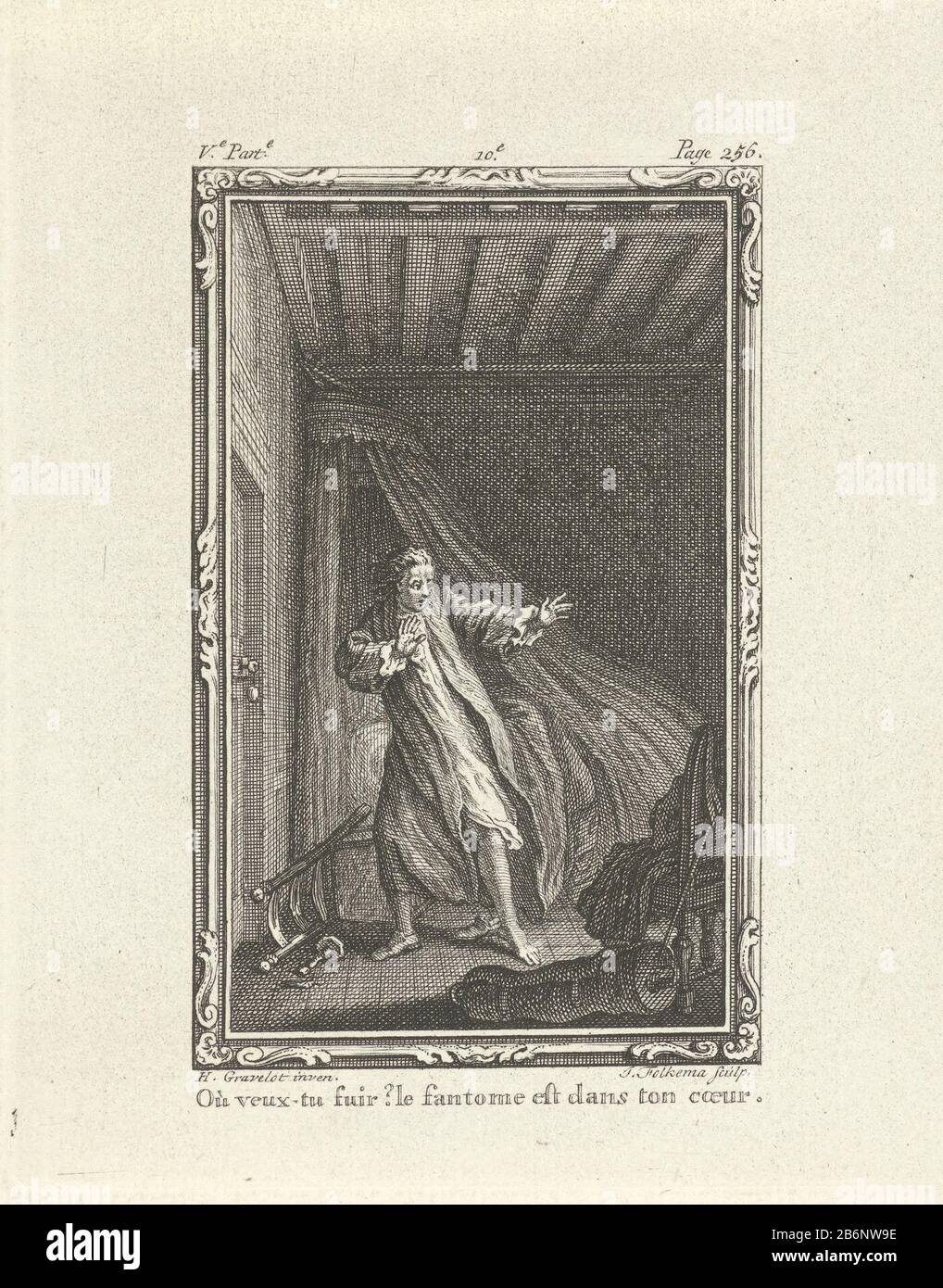 Geschrokken man in een slaapkamer illustraties voor de liefdesroman van JJ Rousseau (servietitel) un homme est en état de sommeil à côté de son lit. Avec les mains levées, il lui regarde. Gauche de lui est une chaise tombée et une bougie. Une légende d'une ligne en français figure parmi les spectacles. Imprimer les étiquettes gauche et droite : VE. Partie - Page 256. Fabricant : printmaker Jacob Folkema (bâtiment classé), conçu par Hubert François Gravelot (bâtiment classé) Daté: 1761 Caractéristiques physiques: Matériau de gravure: Technique du papier: Gravure Dimensions: Bord de la plaque: H 154 mm (coupe du haut) × b 122 mm (coupe à droite) Explication pour illustratio Banque D'Images