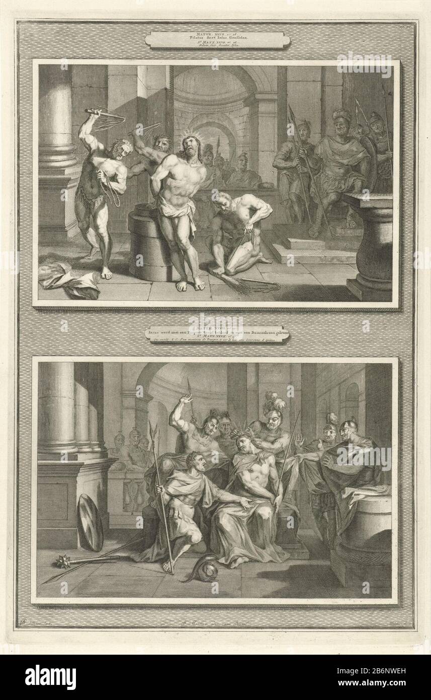 Geseling en Bespotting Deux représentations sur une plaque. La performance supérieure de la flagellation du Christ. Deux hommes l'ont battu avec un fouet. Le fond montre la moquerie du Christ. Christ, vêtu d'une robe, reçoit une couronne d'épines sur sa tête et les hommes le moquèrent. Ci-dessus montre la référence au texte de la Bible en néerlandais et en français. En bas à gauche étiqueté: 46. Fabricant : printmaker Joseph Mulder (propriété cotée) à la conception: Eilliger (bâtiment classé) Editeur: Pieter Mortier (I) (bâtiment classé) fournisseur de privilèges inconnu (propriété cotée) Lieu de fabrication : Amsterdam Date: 1700 caractères physiques Banque D'Images
