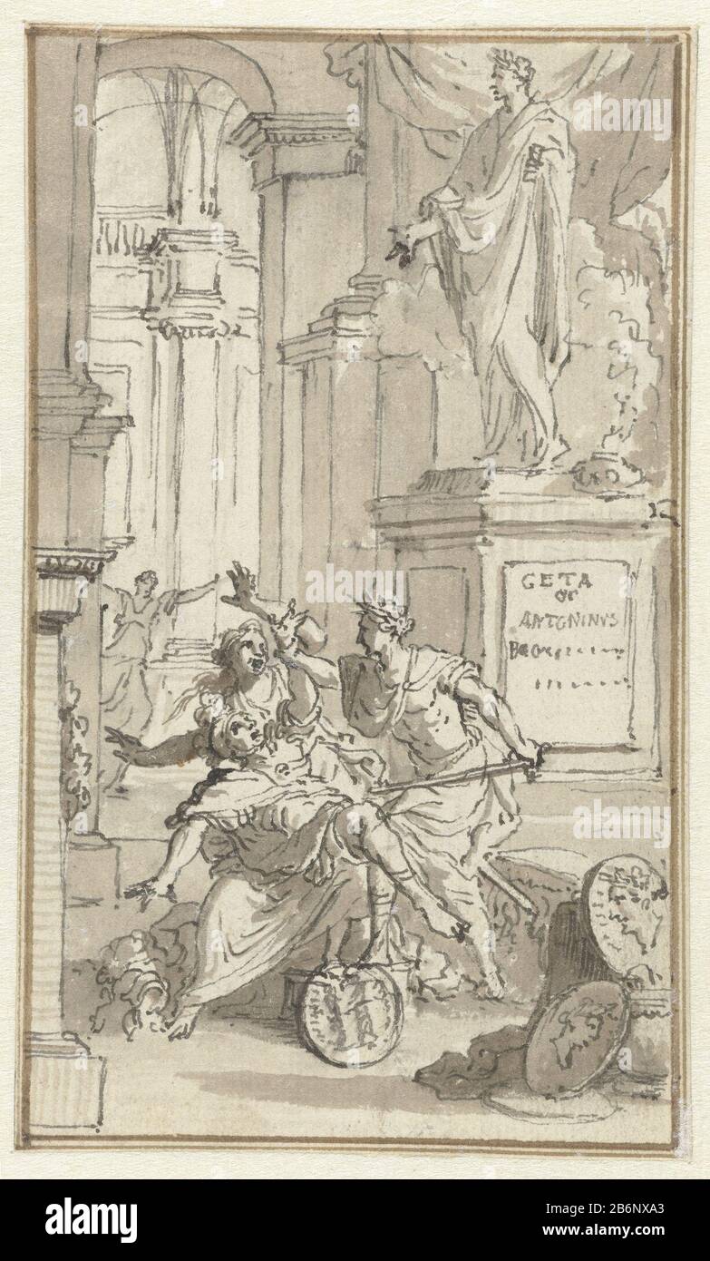 Geta d'Antoninus scène de l'histoire romaine: Un homme tue un soldat avec son d lourd dans un temple. Projet de boekillutie. Fabricant : artiste Jan Goeree Date: 1680 - 1731 Caractéristiques physiques: Brosse en gris-brun, stylo en marron et noir, verso frotté avec de la craie noire: Encre de papier craie technique: Plume / brosse dimensions: H 142 mm × W 84 mmTohteliciningOnwerp pour l'illustration du livre intitulée: Geta ou Antoninus. Objet: Caracalla a son propre frère Geta murderedmannelijke peuple classique geschiedenisWie: Caracalla (empereur de l'Empire romain) Geta (empereur de l'Empire romain) Banque D'Images