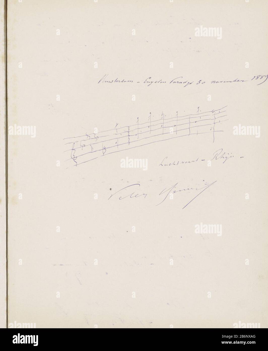 Getekende notenbalk voor P Ankersmit Journal fait partie d'un album collé tekeningen. Fabricant : Writer: Unknown Date: Nov 1889 Caractéristiques physiques: Stylo dans certains matériaux: Encre papier Sujet: Notation de la musique Banque D'Images