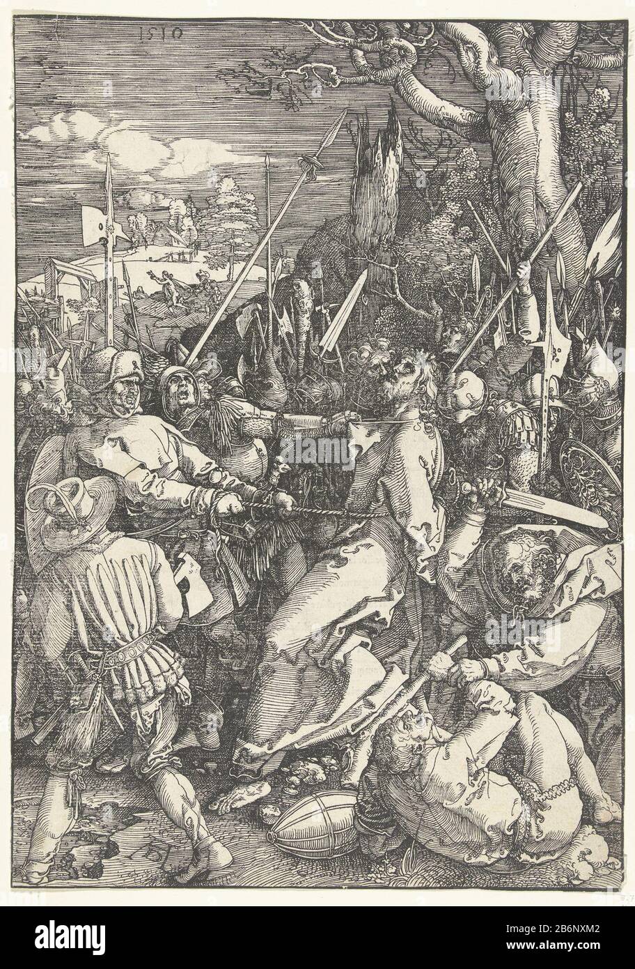 Gevangenneming de grote Passie (servietitel) Christ a été trahi par Judas avec un baiser et pris par des soldats prisonniers. Sur verso texte latin imprimé. Cette photo fait partie de la série d'images "La Grande Passion", composée d'une frontispiece et de 11 scènes du Lijdensverhaal. Fabricant : printmaker Albrecht Dürer (propriété cotée) Lieu de fabrication: Nuremberg Date: 1510 et / ou 1511 Caractéristiques physiques: Équipement pour la coupe du bois et la typographie : technique du papier: Coupe du bois / formats d'impression: Image: H 394 mm × W 278 mm Sujet: Le baiser de Judas: Accompagné de soldats avec des torches et des lanternes, il ki Banque D'Images