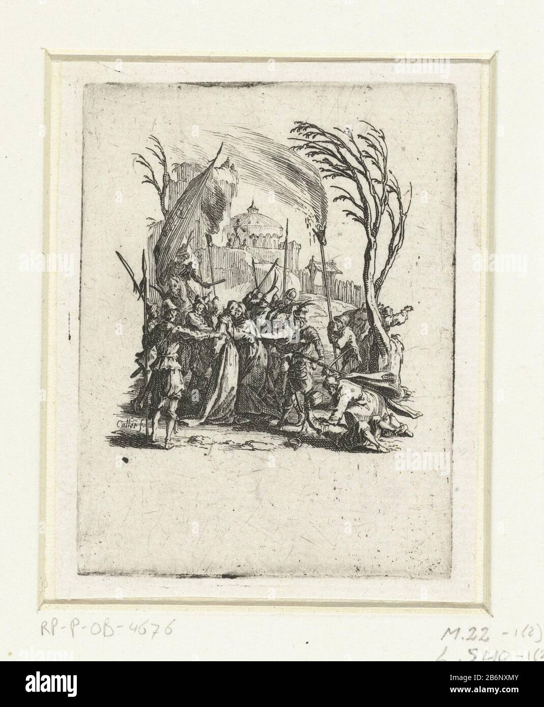 Gevangenneming de kleine Passie (servietitel) Christ a été trahi par Judas avec un baiser. Les soldats se tiennent à les ramener prêts au Christ. Cette photo fait partie de la série d'images 'Mall Passion', composée de 12 scènes du Lijdensverhaal. Fabricant : printmaker Jacques Callot (bâtiment classé) dans son dessin: Jacques CallotPlaats fabrication: Nancy Date: 1624 - 1625 Caractéristiques physiques: Matière de gravure: Technique du papier: Dimensions de gravure: Bord de la plaque: H 77 mm × W 59 mm Sujet: Le baiser de Judas: Accompagné de soldats avec des torches et des lanternes, il embrasse le Christ Pierre dessine sa swo Banque D'Images