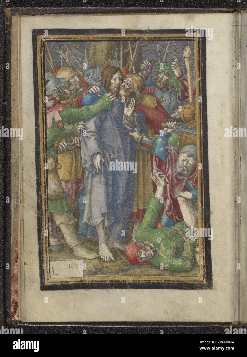 Gevangenneming van Christus Passie van Christus (servietitel) Capture de Christ Passion of Christ (titre de la série) Type de bien: Imprimer la page Numéro d'article: RP-P-2011-115-2Catalogusreferentie: New Hollstein Dutch 45-1 (3) Description: Christ est capturé par un groupe de soldats . Judas l'embrasse sur la joue. Le très bon Pierre soulève son lourd point de frapper l'oreille de Malchus. Malchus essaie de le fend. Cet imprimé fait partie d'un gebedenboek manuscrit. Fabricant : printmaker: Lucas van Leyden (bâtiment classé) dans sa conception: Lucas van Leyden Lieu fabrication: Leiden Date: 1521 Caractéristiques physiques: ENG Banque D'Images