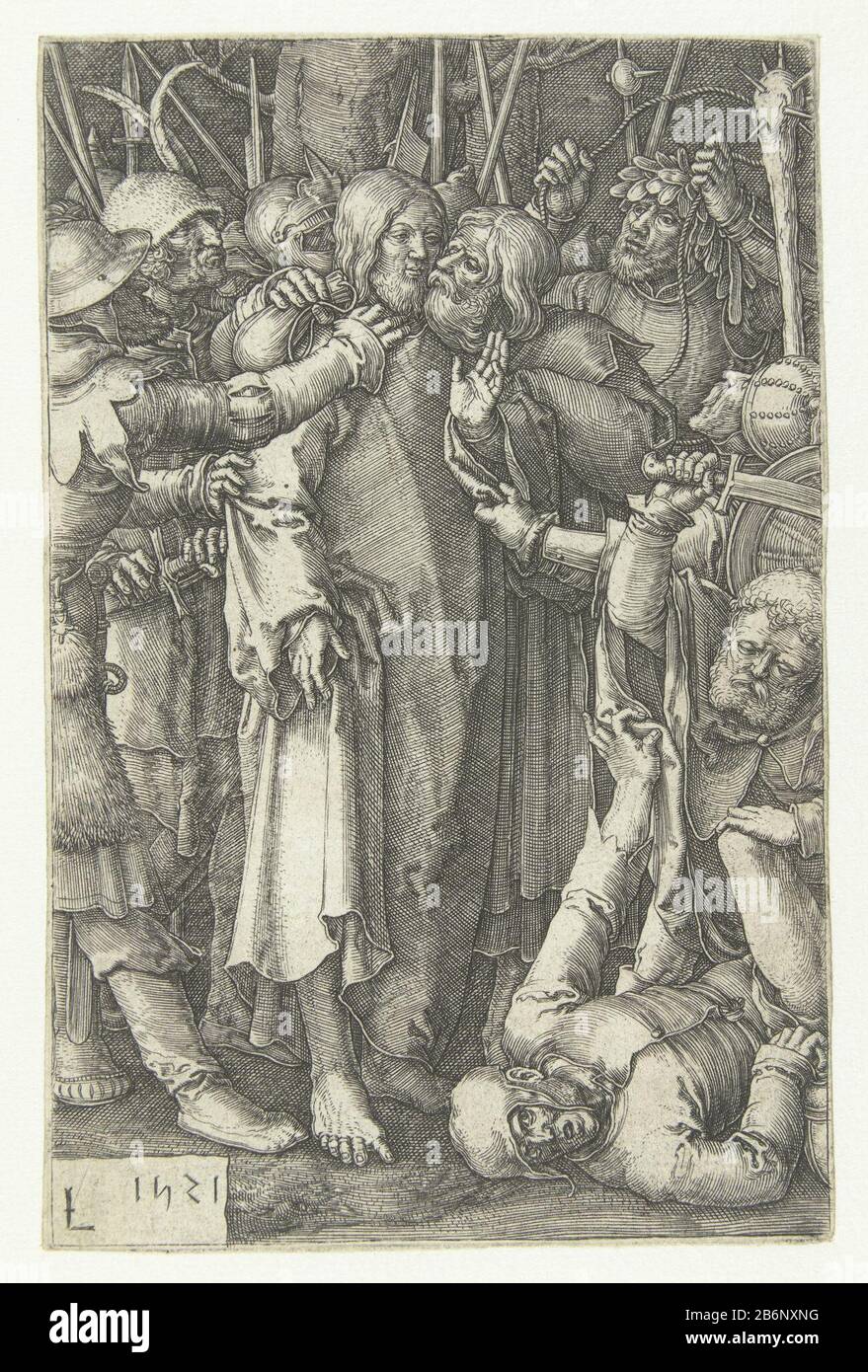 Gevangenneming van Christus de kleine Passie (servietitel) Christ embrassé par Judas et grippé par des soldats. Pierre avec élevé lourd d au-dessus de Malchus. Fabricant : printmaker: Lucas van Leyden (bâtiment classé) dans sa conception: Lucas van Leyden Lieu de fabrication: Pays-Bas Date: 1521 Caractéristiques physiques: Matériau de la voiture: Technique du papier: Engraa (processus d'impression) Dimensions: Feuille: H 116 mm × W 77 mm Sujet: Le baiser de Judas: Accompagné de soldats avec des torches et des lanternes, il embrasse le Christ Pierre tire son épée et coupe l'oreille de Malchus Banque D'Images