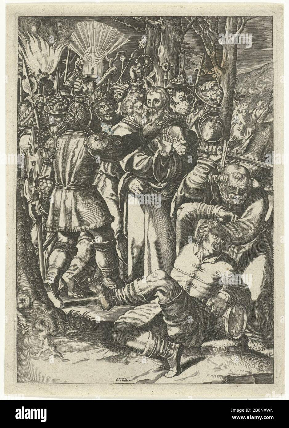 Gevangenneming van Christus Judas Kiss Christ dans la foule pour montrer aux soldats qu'ils regardent. Christ immédiatement arrêté. Même les disciples du Christ qui essayent de le tenir à part à environ aangepakt. Fabricant : Printmaker: Bartholomeus Willemsz. Dolado (possible) Lieu de fabrication: Leiden Date: CA. 1580 - env. 1625 Caractéristiques physiques: Matériel automobile: Papier technique: Engrala (processus d'impression) Dimensions: Bord de la plaque: H 195 mm × W 138 mm Sujet: Le baiser de Judas: Accompagné de soldats avec des torches et des lanternes, il embrasse Christ Banque D'Images