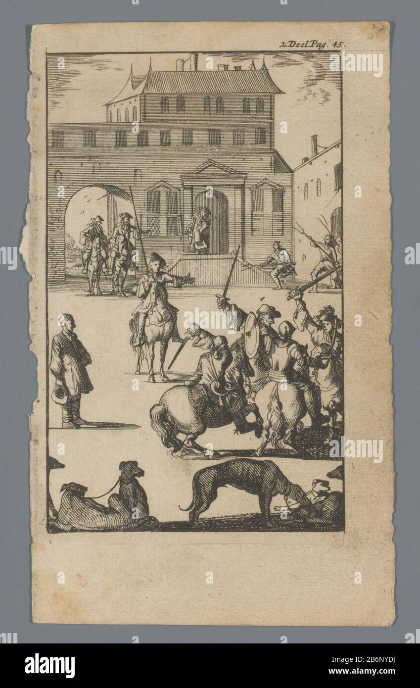 Gevecht tussen ruiters op een plein Fighting entre cavaliers sur un type d'objet carré: Numéro d'article: RP-P-OB-46.192 Fabricant: Printmaker Jan Luyken Date: 1659 - 1712 Caractéristiques physiques: Gravure: Technique du papier: Gravure Banque D'Images