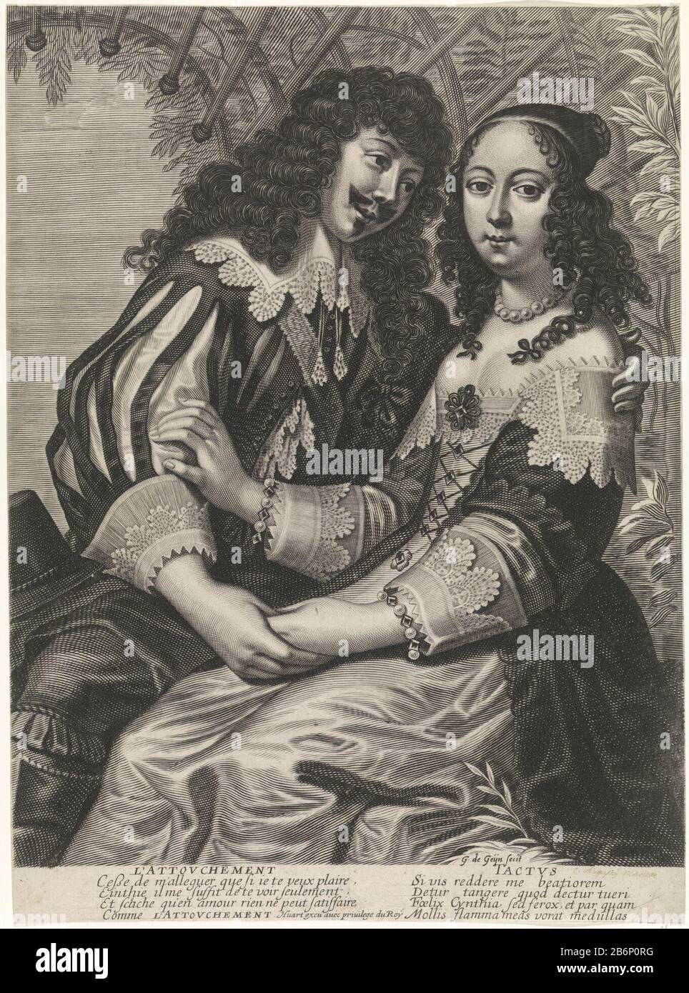 Gevoel l'attovchement Tactvs (servietitel) UN koppeltje noble sous un noeud rose. L'homme a une femme tenant sa main et penche vers l'avant. La femme tient le bras de l'homme vaste. Fabricant : printmaker: Guilliam The Gheyn (bâtiment coté) éditeur: Huart (bâtiment coté) auteur: Anonyme fournisseur de privilèges: Louis XIII (roi de France) (bâtiment coté) fournisseur de privilèges : Louis XIV (roi de France) (bâtiment coté) Lieu de fabrication: Paris Date: 1620 - 1650 Caractéristiques physiques: Matériel automobile: Papier technique: Engraa (impression) Dimensions: Feuille b 273 mm x h 370 mm Objet: Sensation (une Banque D'Images