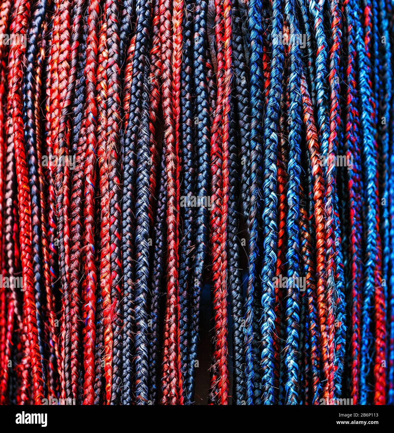 Gros plan sur les tresses afro-pigqueues en Zizi et Kanekalon technique avec des fils multicolores et des readlocks Banque D'Images