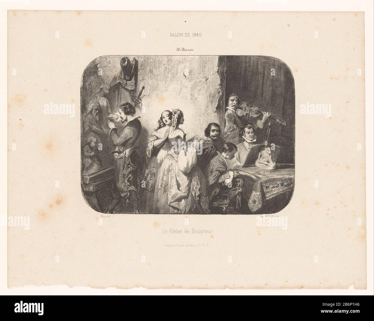 Gezelschap in het atelier van een beeldhouwer Un atelier de sculpteur (titel op object) salon de 1840 (servietitel op object) un groupe d'artistes et d'amateurs d'art engagés dans la lecture, le violon et le beeldhouwen. Fabricant : printmaker Henri Charles Antoine Baron (attribué à l'atelier) dans son dessin: Henri Charles Antoine Baron (objet coté) imprimante: Petit & Bertauts (bâtiment coté) éditeur: Challamel & Cie (propriété coté) Lieu de fabrication:. Paris Date: 1840 matériel: Technique du papier: Lithographie (technique) Dimensions: Feuille: H 228 mm × W 295 mmTeliechtPrent publié Album du salon de Banque D'Images