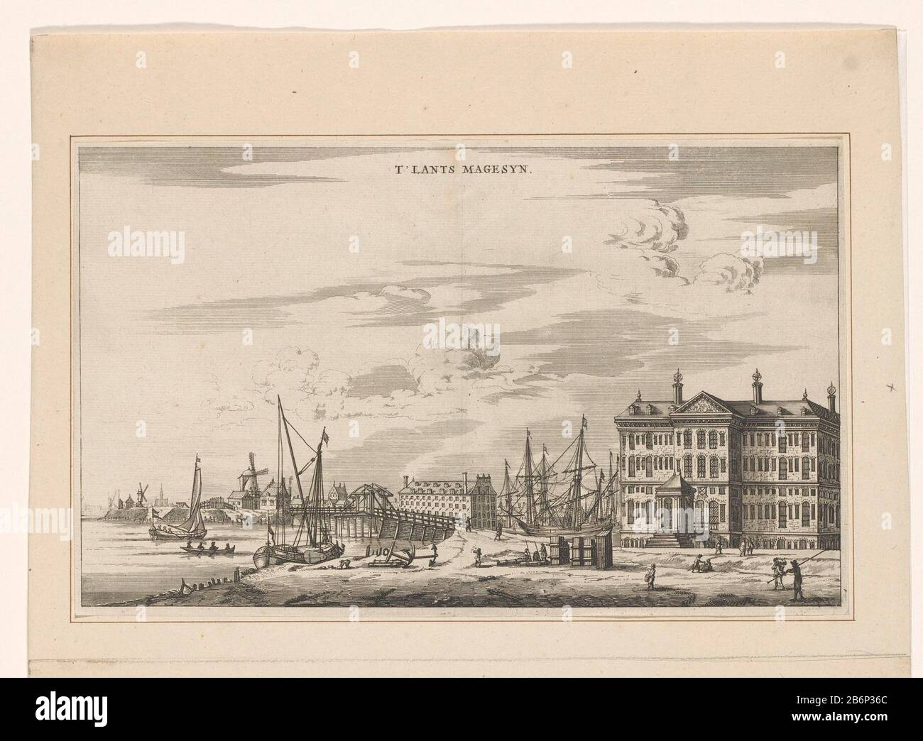 Gezicht op's Lands Zeemagazijn (Admiralitsmagazijn) te Amsterdam t' Lants Magesyn (objet titel op) Voir le pays Zeemagazijn, également connu sous le nom d'Admiralty Warehouse, le Kattenburgerplein Amsterdam. Vue de la terre. Fabricant : printmaker Jacob van Meurs (possible) Editeur: Jacob van Meurs (possible) Editeur: Joachim Nosche (possible) Lieu de fabrication: Amsterdam Date: 1663 - 1664 matériau: Technique du papier: Gravure / engraa (processus d'impression) Dimensions: Feuille: H 175 mm (taillé dans un bord de plaque) bord de plaque b 285 mmÉtat de toelichtingHuidige utilisé dans : dapper, Olfert. Historique Banque D'Images