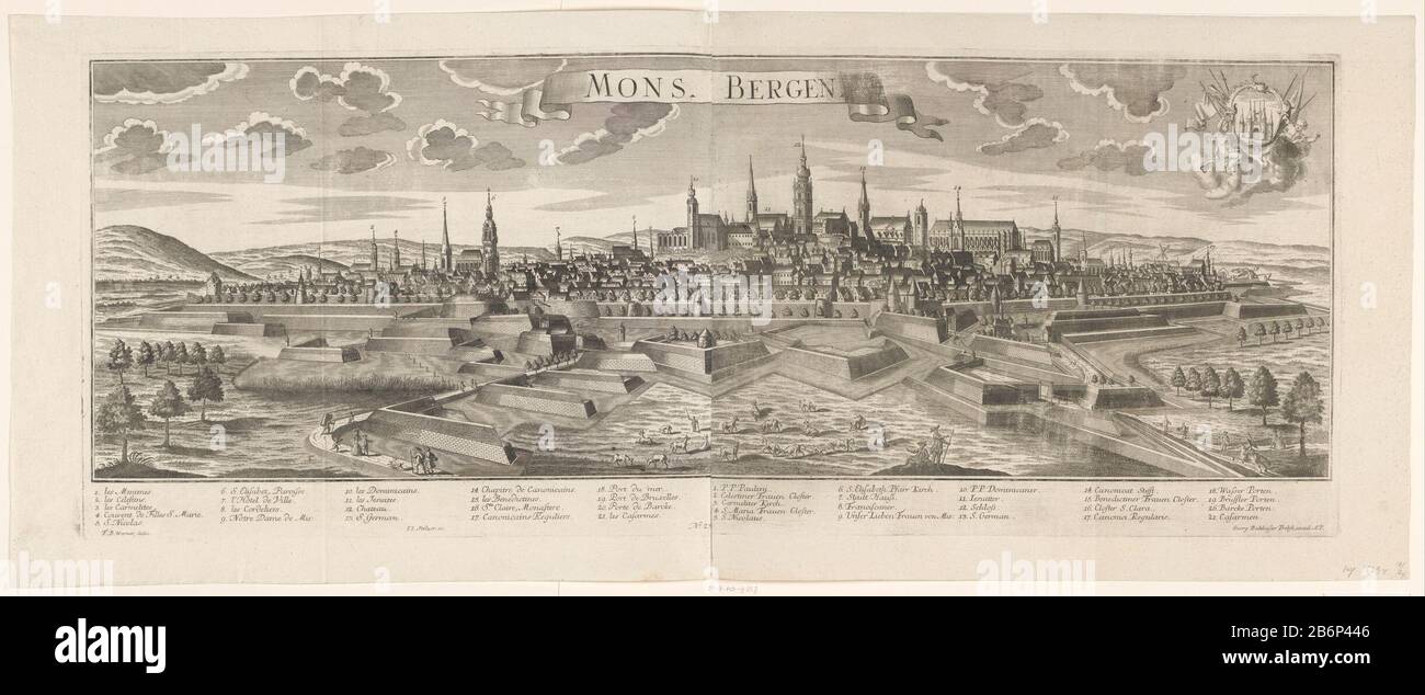 Gezicht op Bergen (Mons) Mons Bergen (objet titel op) vue de Bergen (Mons). Avec au premier plan un berger avec son troupeau de vaches. Derrière les fortifications de la ville et de la ville elle-même. Le titre en haut d'un banderole. Bras supérieur droit de Bergen avec deux putti. Sous l'image deux légendes 1-21, à gauche et à droite en français en allemand. Ci-dessous, au milieu étiqueté: 23. Fabricant : printmaker Johann Jacob Stelzer (propriété cotée) à dessin: Friedrich Bernhard Werner (bâtiment classé) Editeur: Georg Balthasar Probst (propriété cotée) Lieu de fabrication: Augsburg Date: 1766 - 1790 Ph Banque D'Images