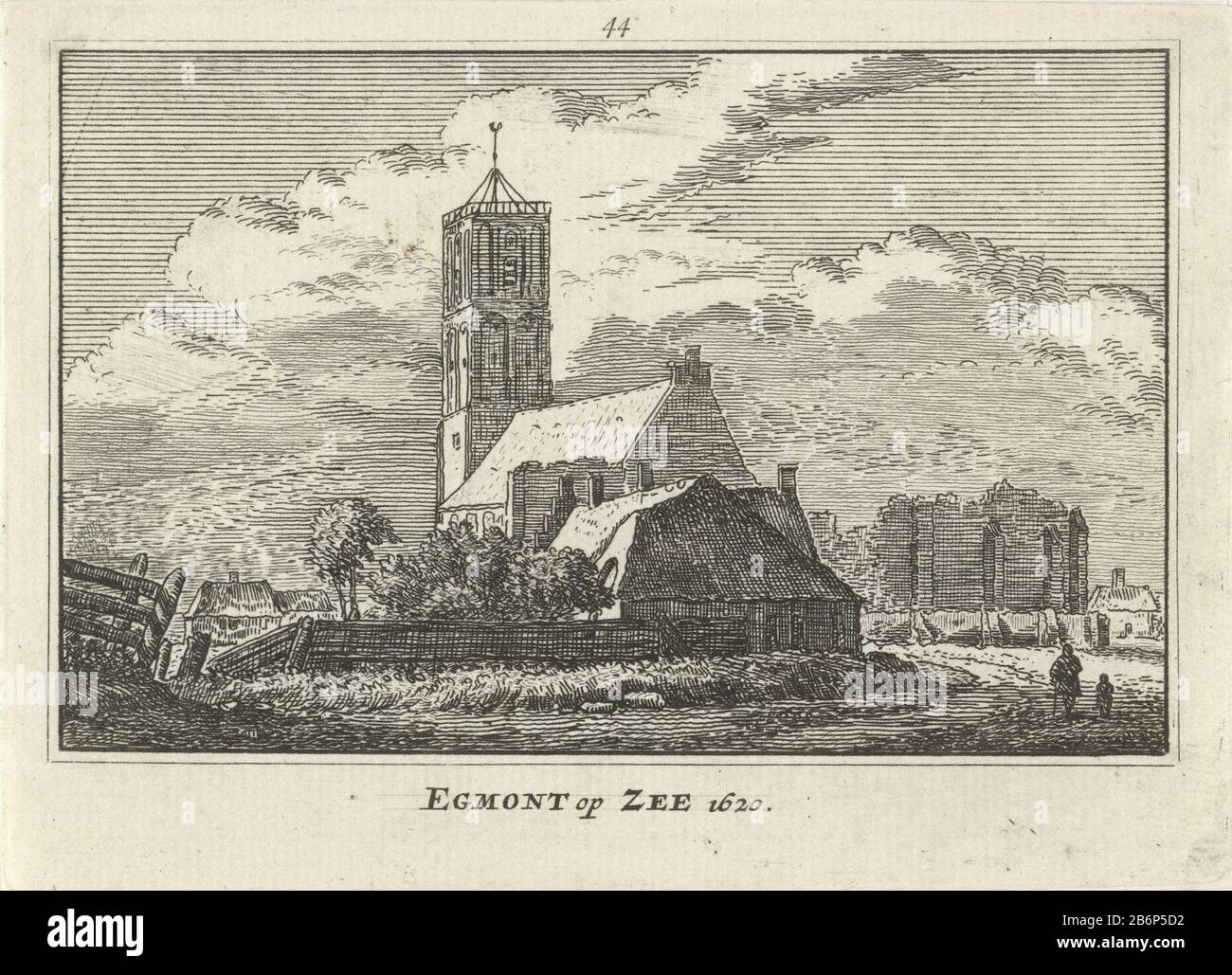 Gezicht op Egmond aan Zee, 1620 Egmont op Zee 1620 (objet titel op) Voir Egmond aan Zee du sud-est, vers 1620. Au milieu de l'église avec une ferme oblique avant. A droite deux figures dans le fond la chorale de l'église dans ruineux staat. Fabricant : printmaker: Abraham Rademaker (bâtiment classé) éditeur: Willem Barents Éditeur: Antoni Schoonenburg Lieu de fabrication: Amsterdam Date: 1727 - 1733 Caractéristiques physiques: Matériel de gravure: Technique du papier: Dimensions de gravure: Bord de la plaque: H 80 mm × W 115 mmTopelichtingepostiecatie out: Abraham Rademaker, Matthaeus Brouërius de Banque D'Images