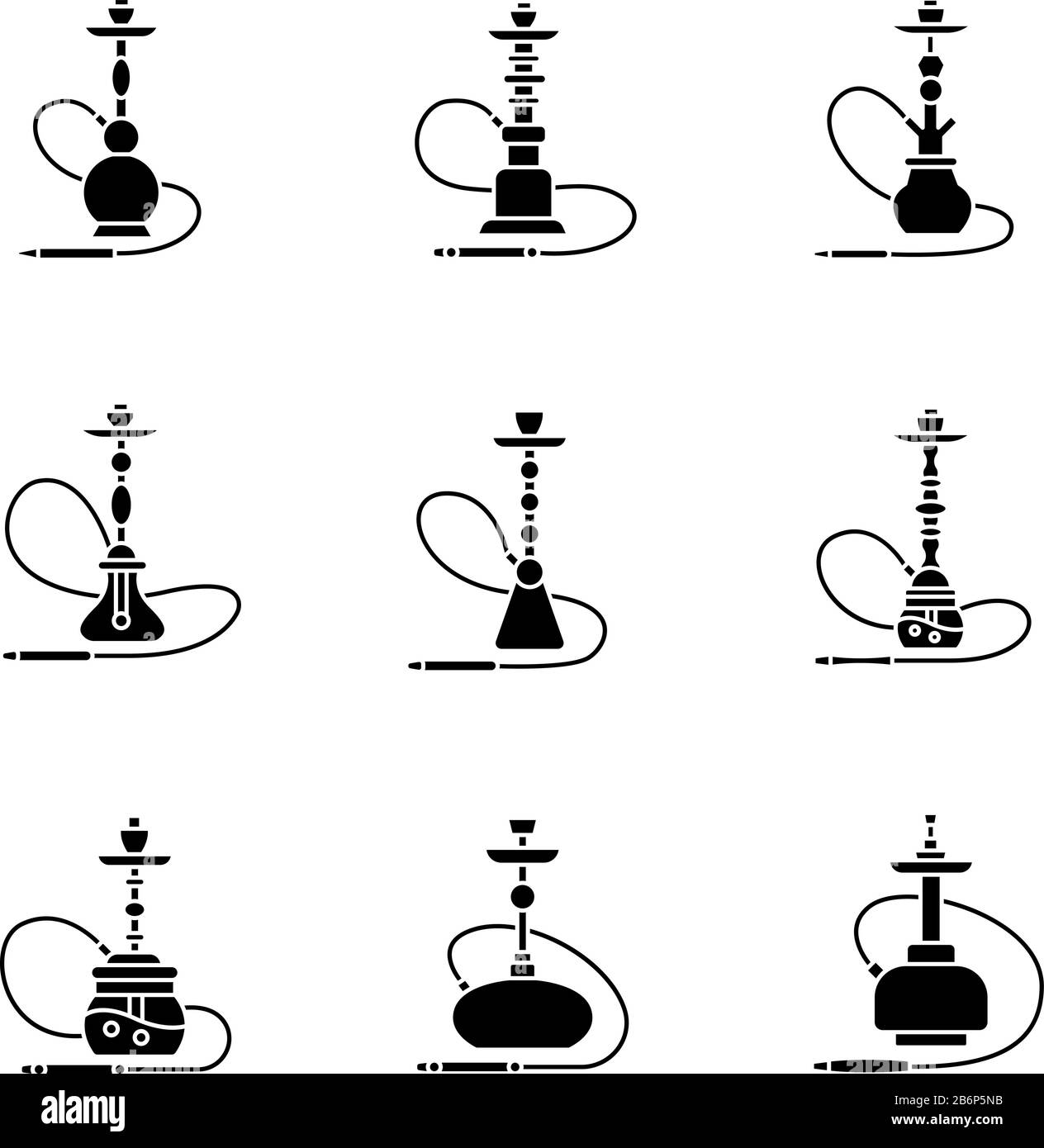 Les icônes de glyphe noir de hookah se définissent sur l'espace blanc.  Shisha avec fil. Maison de sheesha. Salon nargile. Odeur du tuyau. Parfum  de vaporisation. Espace fumeurs Image Vectorielle Stock -