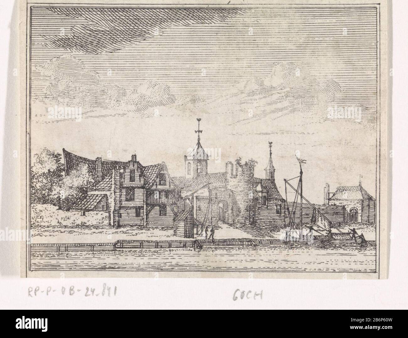Gezicht op Goch vue de la ville Goch au premier plan un bateau sur le kade. Fabricant : printmaker Abraham Seaman Lieu de fabrication: Amsterdam Date: 1727 Caractéristiques physiques: Gravure; matériau d'épreuvage: Technique du papier: Gravure Dimensions: Feuille: H 62 mm × W 82 mmToelichtProefdruk pour impression à Brown, Claas. Kleefsche et Zuid-Hollandsche Arkadia, ou histoire de deux voyages effectués dans et à propos de ces provinces. Amsterdam: Evert Visscher, 1730, après p. 28. Objet: Vue sur la ville en général; 'Veduta' Banque D'Images