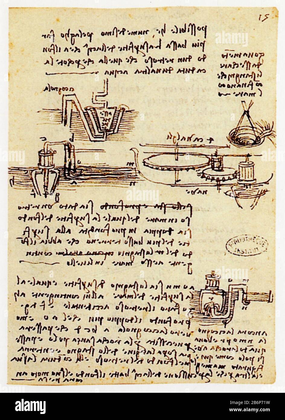 Léonard de Vinci. Etude de la pompe centrifuge pour le drainage des marécages. 1508 Banque D'Images