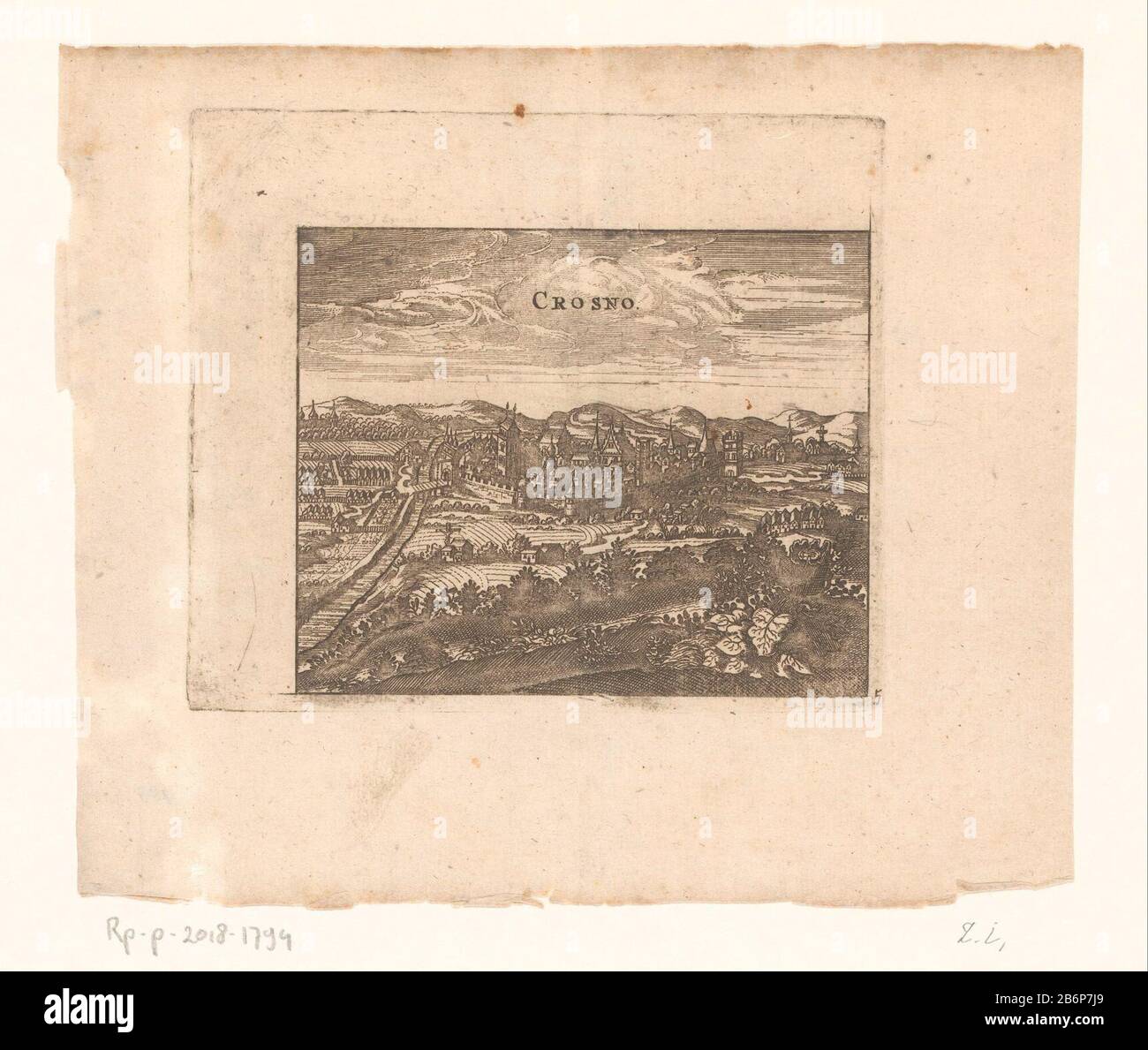 Gezicht op Krosno Crosno (objet titel op) En Bas à droite numéroté 5. Fabricant : printmaker: Datation anonyme: 1650 - 1749 matériau: Technique du papier: Dimensions de gravure: Bord de la plaque: H 138 mm × W 160 mm Objet: Perspective de ville, panorama de ville, silhouette ou ville où: Krosno Banque D'Images