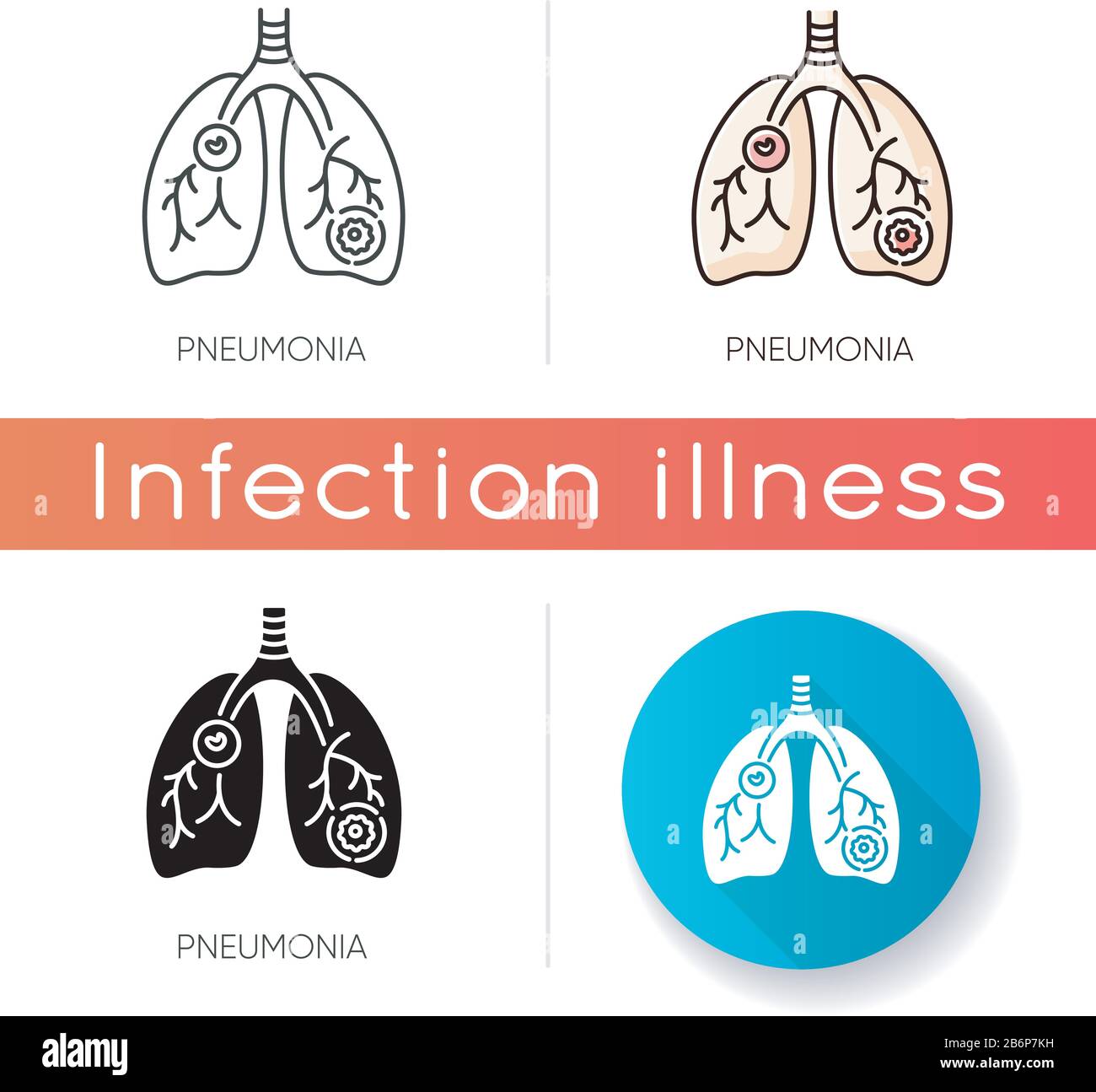 Icône pneumonie. Styles de couleur linéaire noir et RVB. Maladie respiratoire dangereuse, maladie pulmonaire. Infection par Streptococcus, bactéries mycoplasmiques Illustration de Vecteur