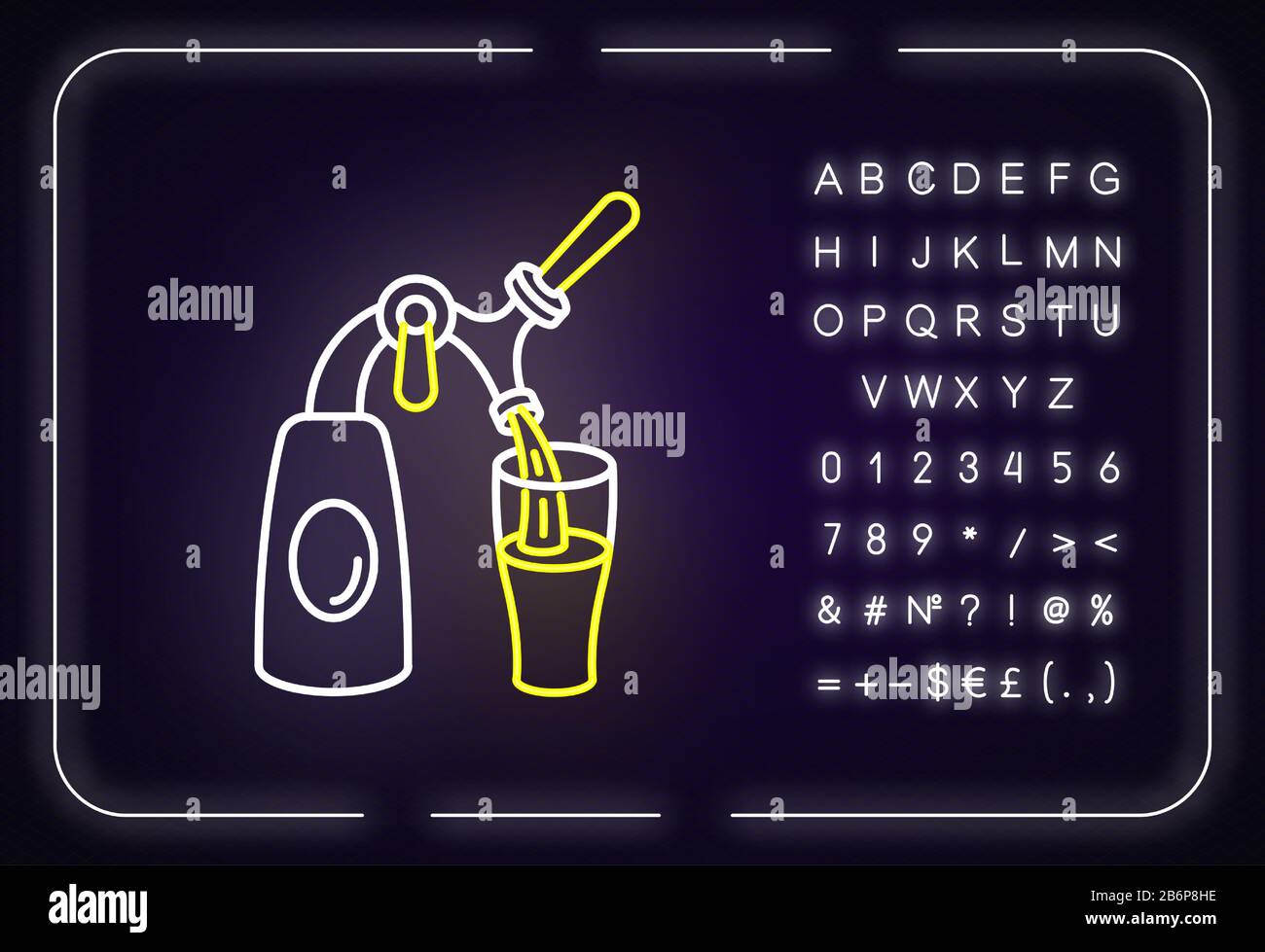 Icône de néon de robinet de bière. Effet brillant extérieur. Signe avec alphabet, chiffres et symboles. Robinet de bar, établissement de boisson, occupation barman Illustration de Vecteur