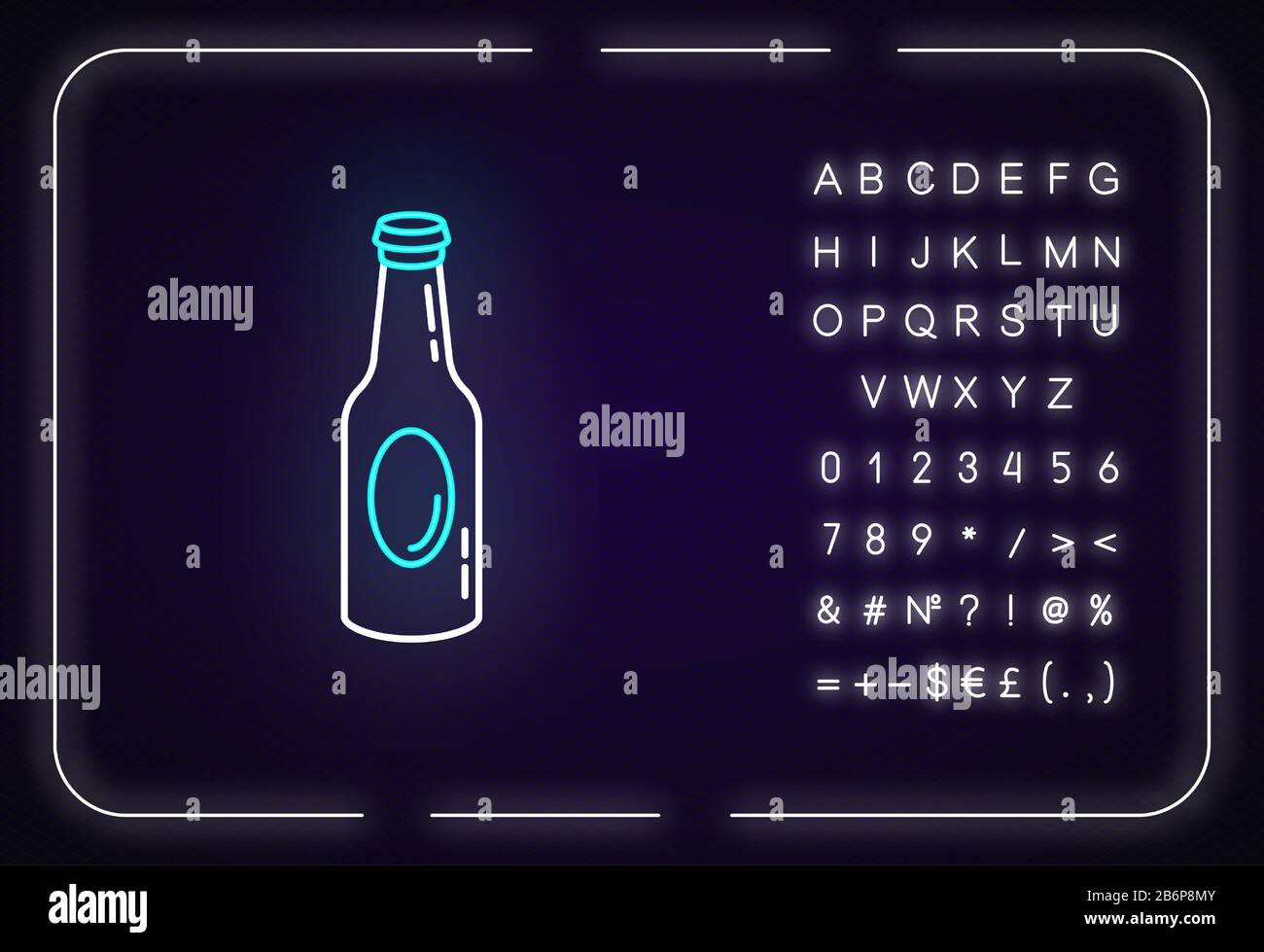 Icône de néon pour bouteille de bière. Effet brillant extérieur. Signe avec alphabet, chiffres et symboles. Un établissement pour boire un verre, un bar, un pub de nuit, une taverne Illustration de Vecteur