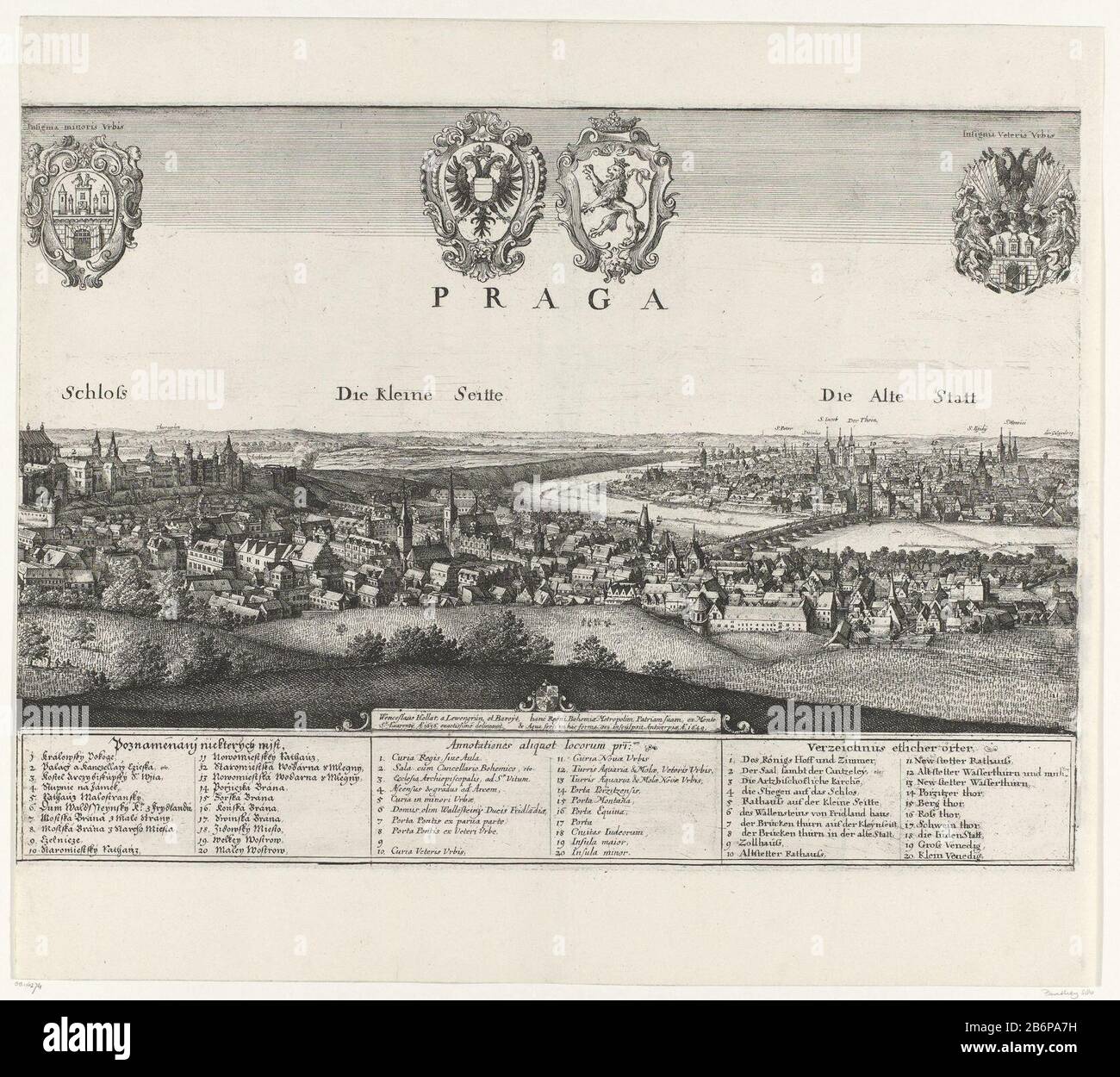 Gezicht op Praag (midelste deel) Praga (objet titel op) Mi-Section d'une vue de la ville de Prague, composée de trois parties. Cadres bas avec la légende en tchèque, en latin et en duits. Fabricant : printmaker: Venceslas Holar (propriété cotée) Lieu de fabrication: Allemagne Date: 1649 matériau: Technique du papier: Gravure Dimensions: Bord de la plaque: H 280 mm × W 388 mmToelichtPrent Used: Topographia Bohemiae , Moroviae et Silesiae. Francfort: Matthäus Merian, 1650. Objet: Perspective de ville, panorama de ville, silhouette de cartes de ville des villes armoiries (symbole de l'État, etc.) (+ province, pr Banque D'Images