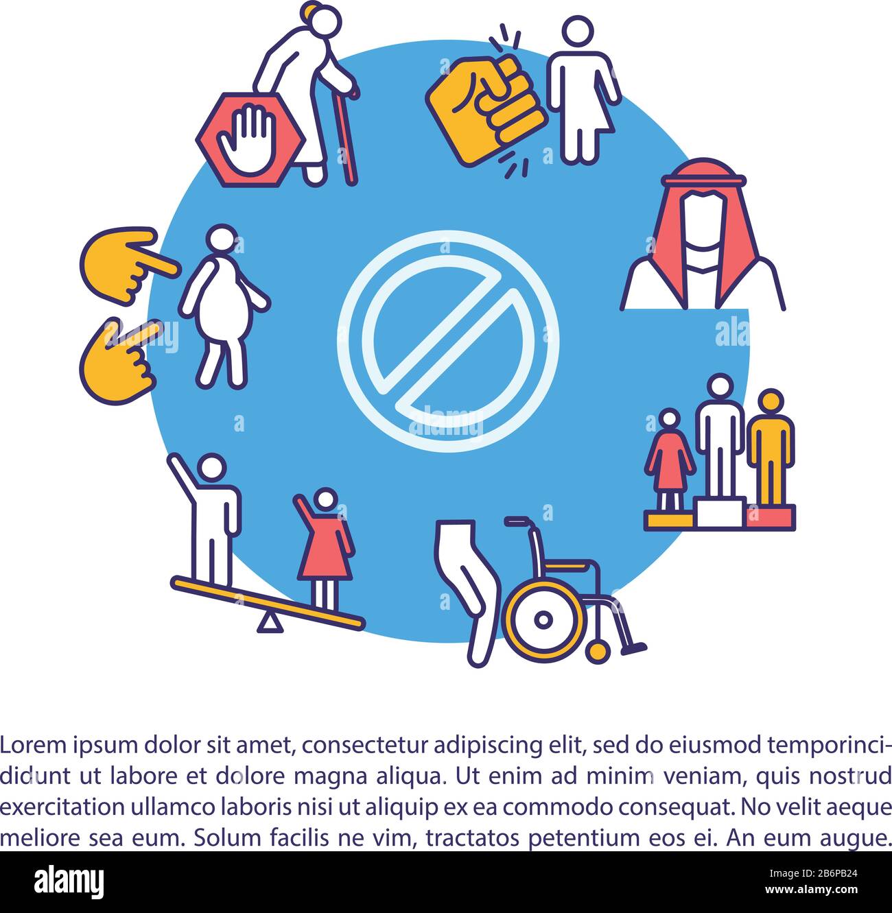 L'icône du concept d'inégalité sociale et sexuelle avec le texte. Violation des droits de la personne, discrimination directe PPT page Vector template. Brochure, magazine Illustration de Vecteur